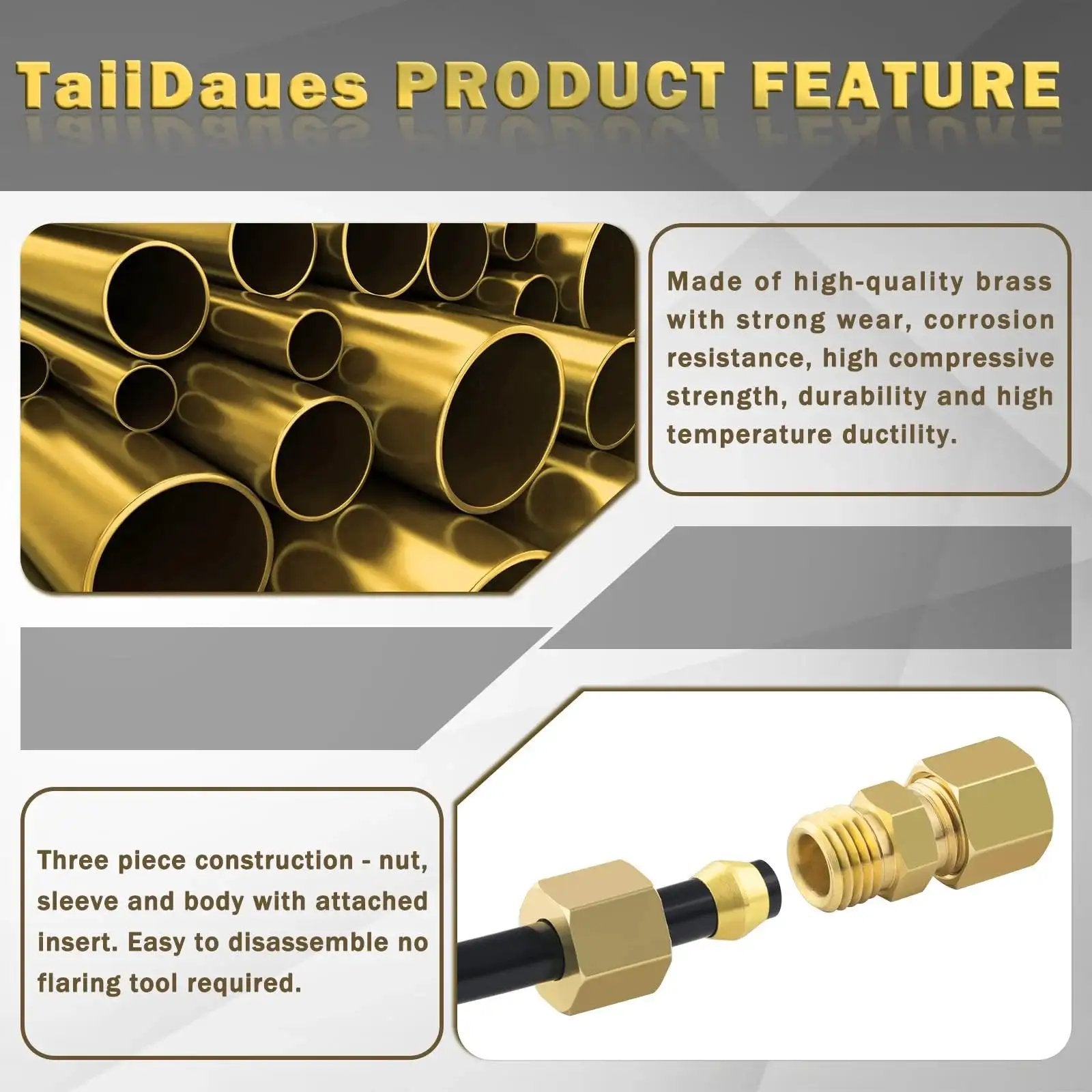 Brass compression tube fittings kit featuring three-piece construction and corrosion resistance by Taiidaues.