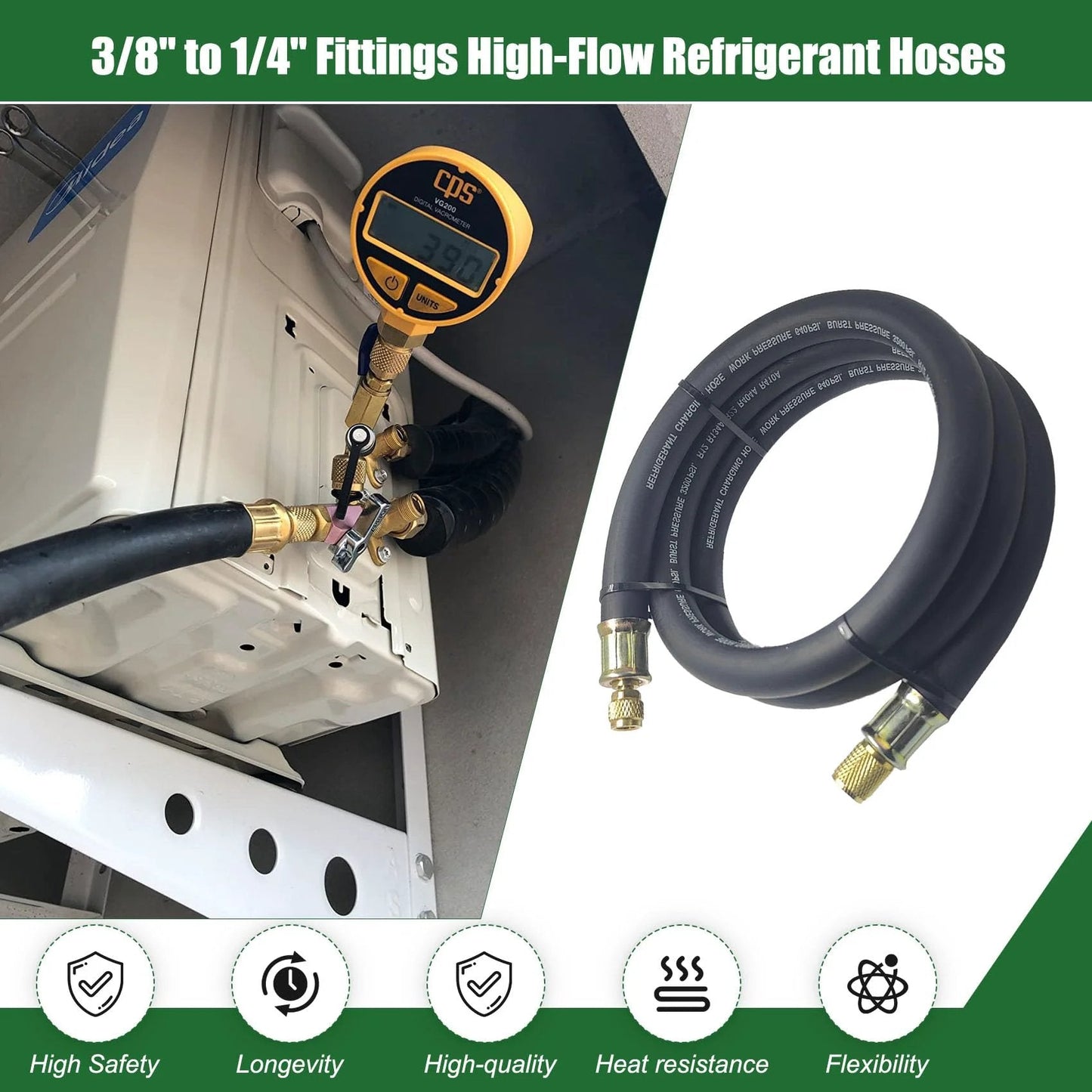 High Flow Half Inch HVAC Vacuum Hose With 3/8 To 1/4 Inch SAE Fittings, Six Foot Long, in use during refrigerant recovery