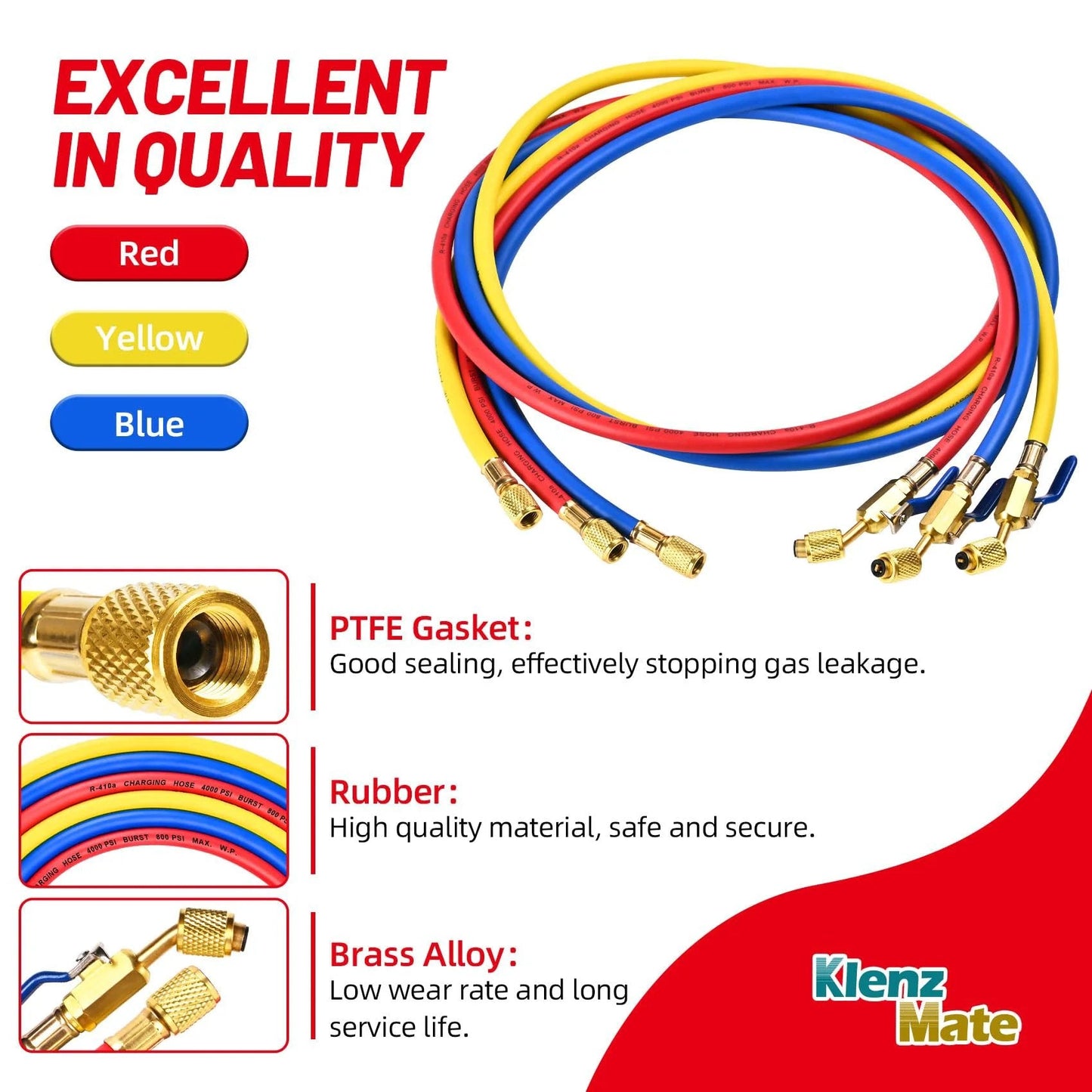 Upgraded 29986 Plus II One Quarter Inch HVAC Refrigerant Hose With Compact Ball Valve 800 PSI, three colors shown coiled