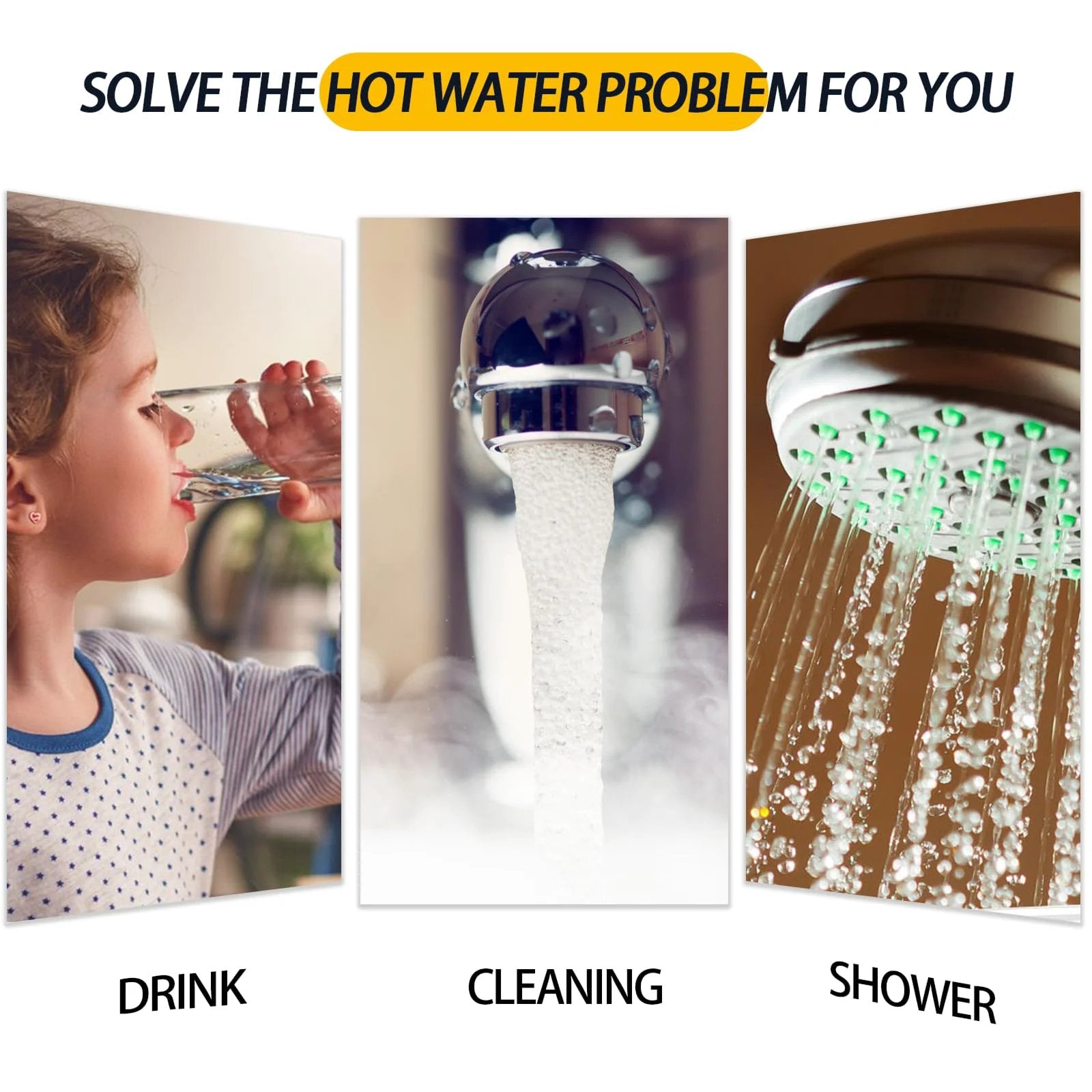 Hot water uses: child drinking water, faucet running, shower head streaming water.