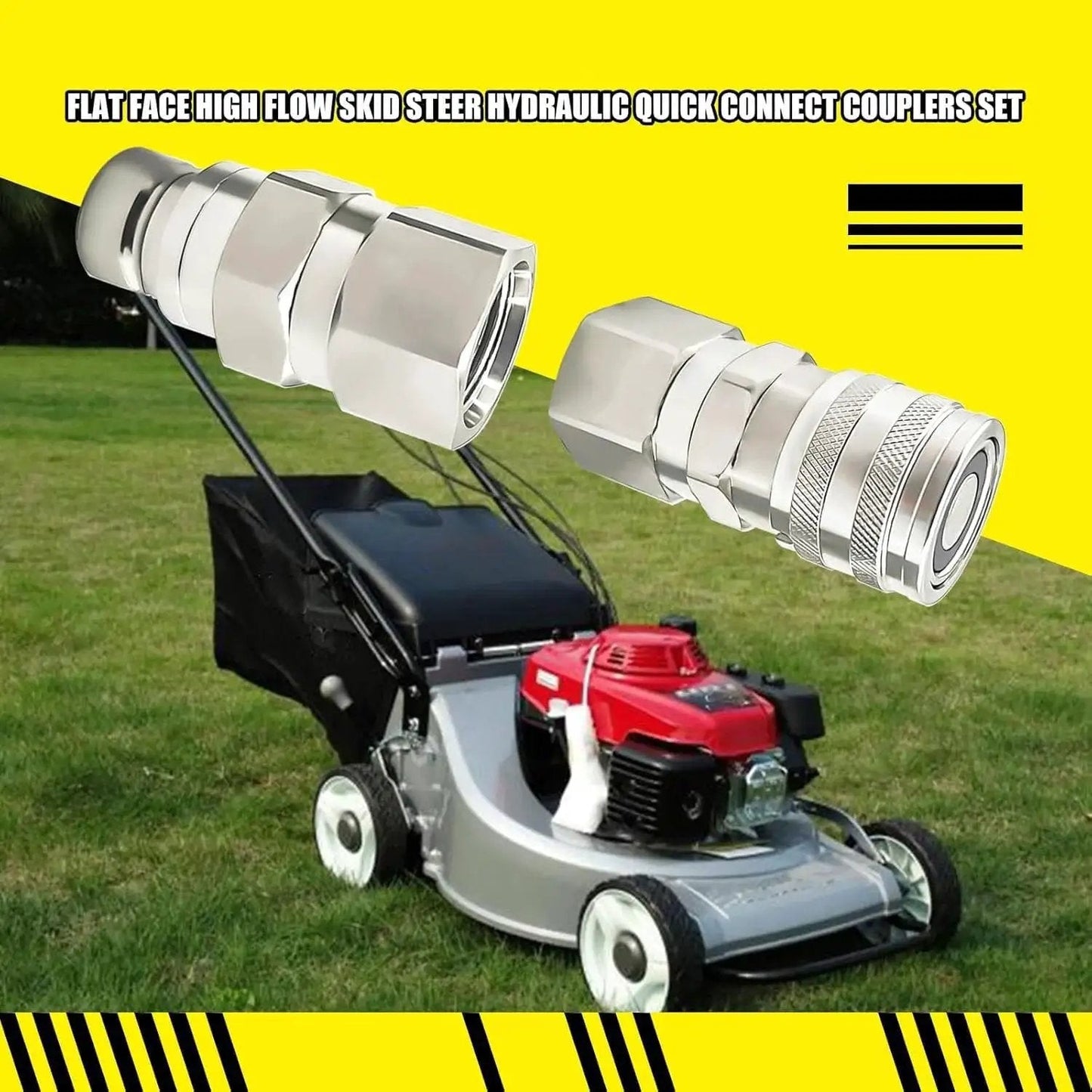 Flat Face Hydraulic Quick Connect Coupler Set With SAE Thread For Skid Steer Loaders, 5076 PSI, on lawn mower background