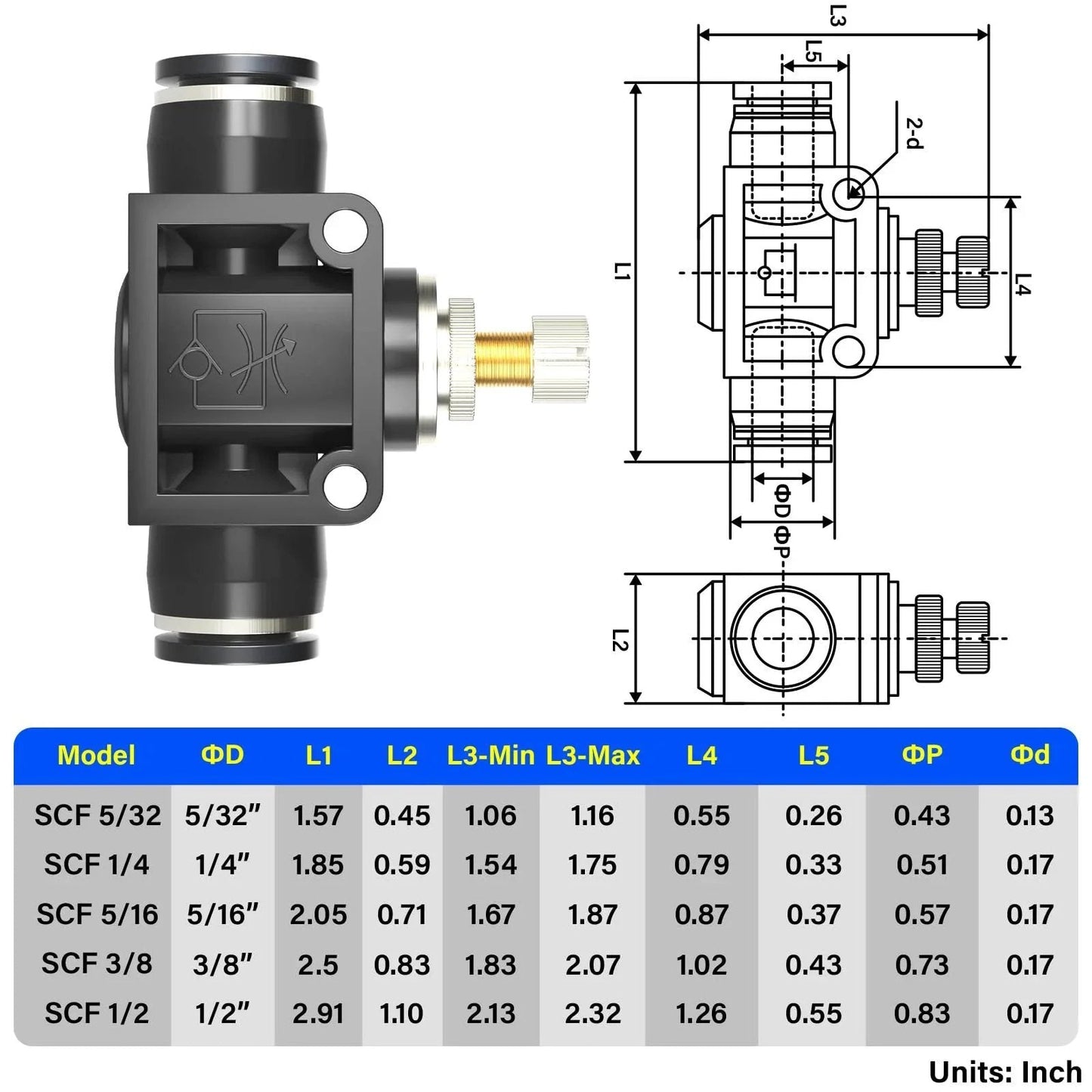 Air Flow Control Valve For Pneumatic Systems With Push To Connect Fitting Inline Speed Controller One Quarter Inch Tube OD To One Quarter Inch Tube OD Black Made Of Plastic And Copper Ideal For Low Speed Cylinders Zero To One Hundred Forty Five PSI Pack with dimensions chart.