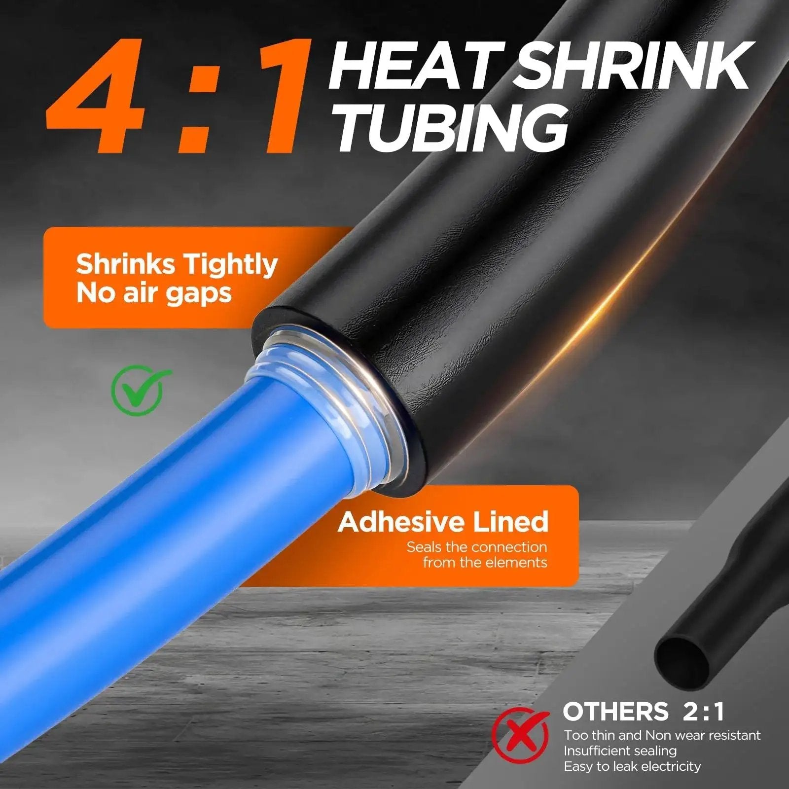 Close-up of blue wire with 4:1 heat shrink tubing and adhesive lining for waterproof seal, part of 7 Size Heat Shrink Tubing Kit.