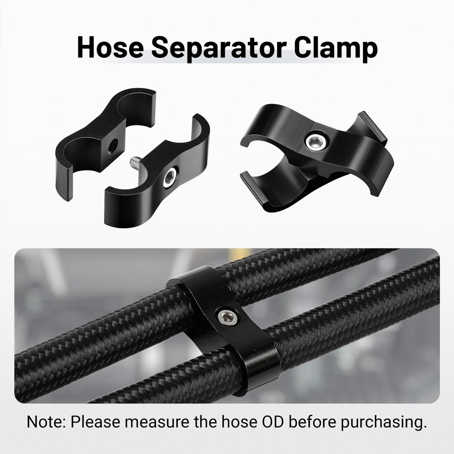6AN Hose Separator Clamp Set For AN6 Fuel Lines Aluminum Black 6061-T6 Mounting Clips installed on hoses