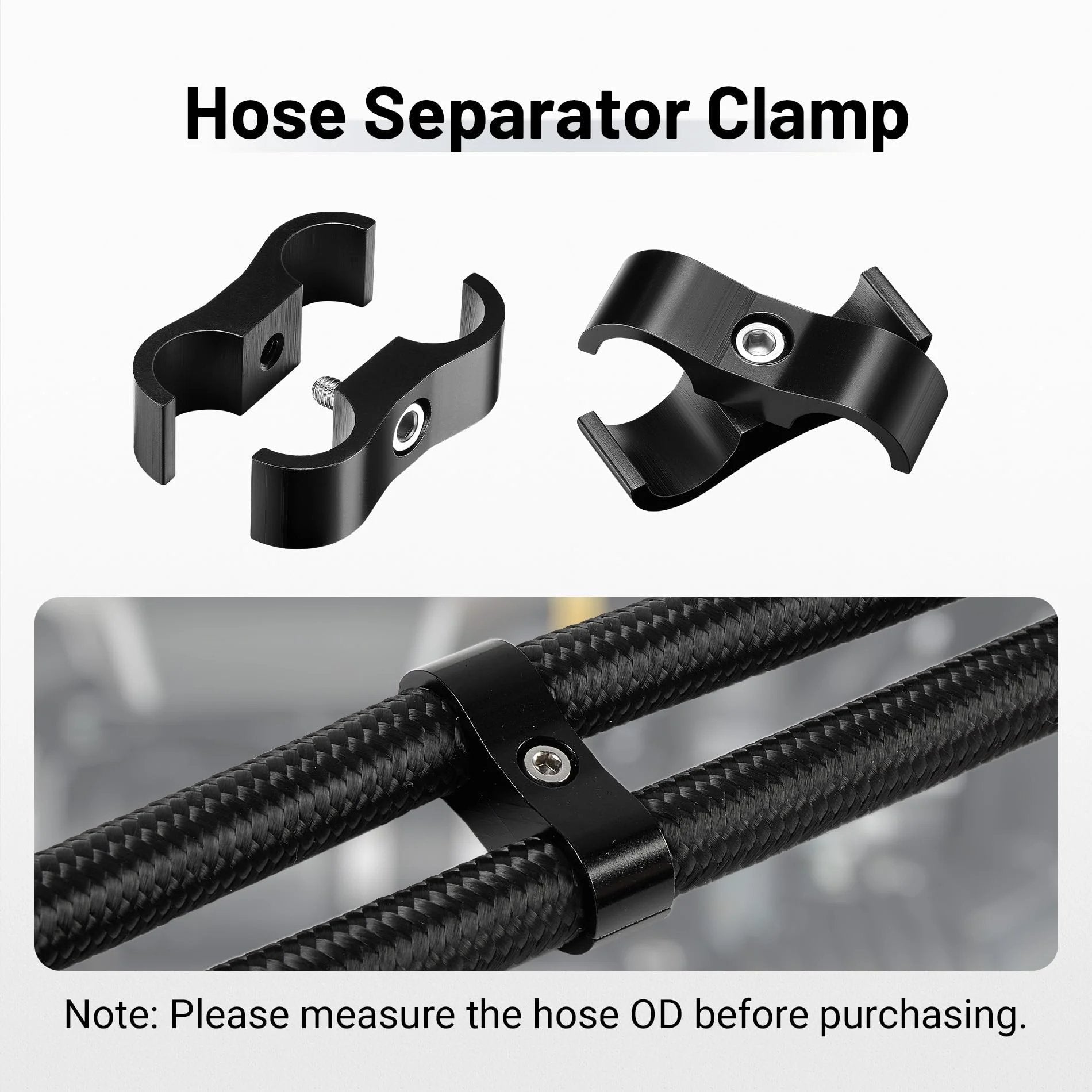 6AN Hose Separator Clamp Set For AN6 Fuel Lines Aluminum Black 6061-T6 Mounting Clips installed on hoses