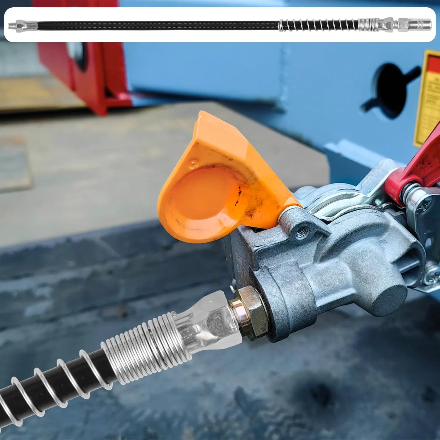 Grease Gun Accessory Kit With 18 Inch Spring Flex Hose And Locking Coupler, 8000 PSI Capacity, 1/8 NPT Threads shown in use on equipment.