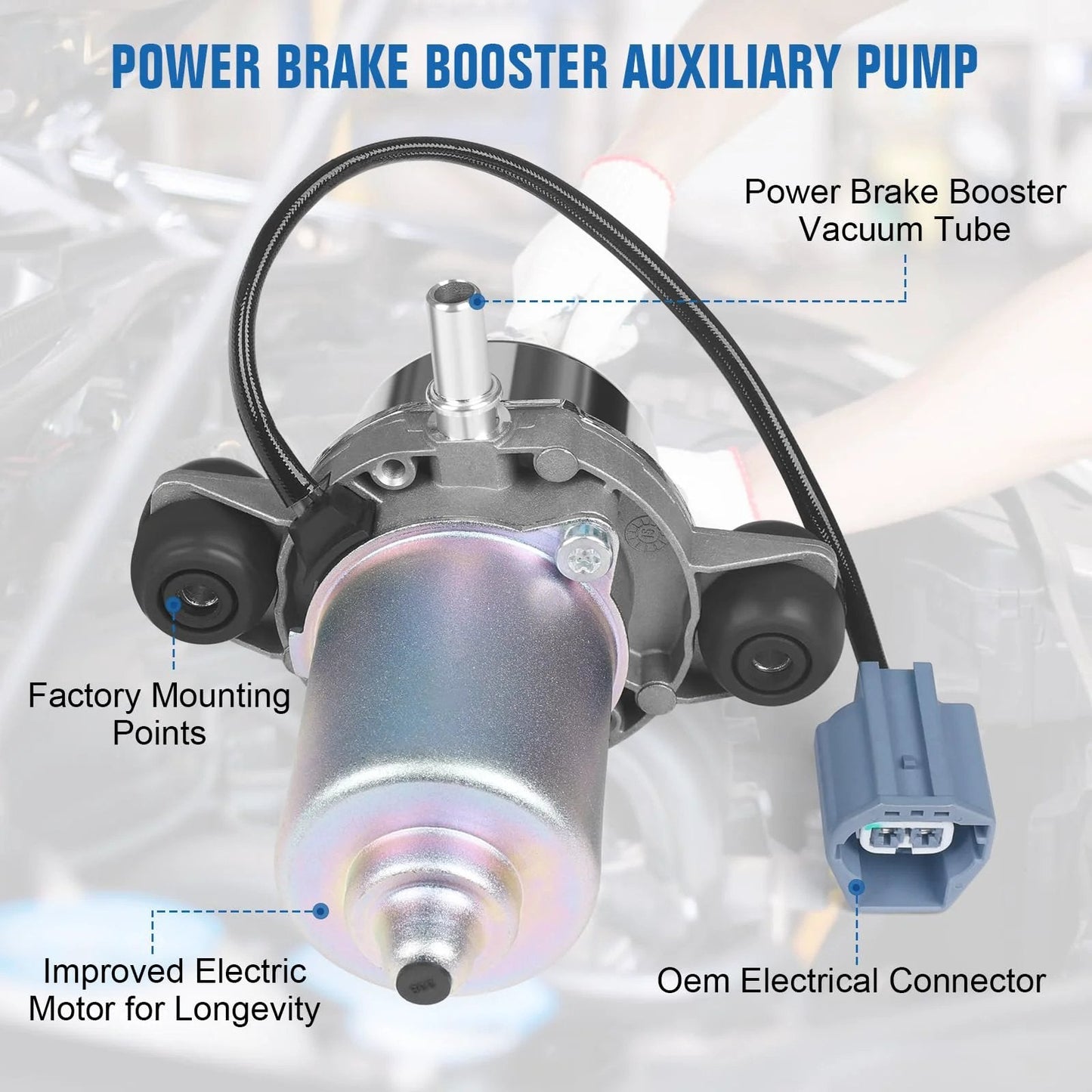 Close-up of Electric Brake Vacuum Pump Assembly For Car Power Brake Booster High Performance Auxiliary Vacuum Pump With Strong Suction And Fast Vacuum Build Compact Lightweight Design To Improve Engine Brake Vacuum showing components and connectors.