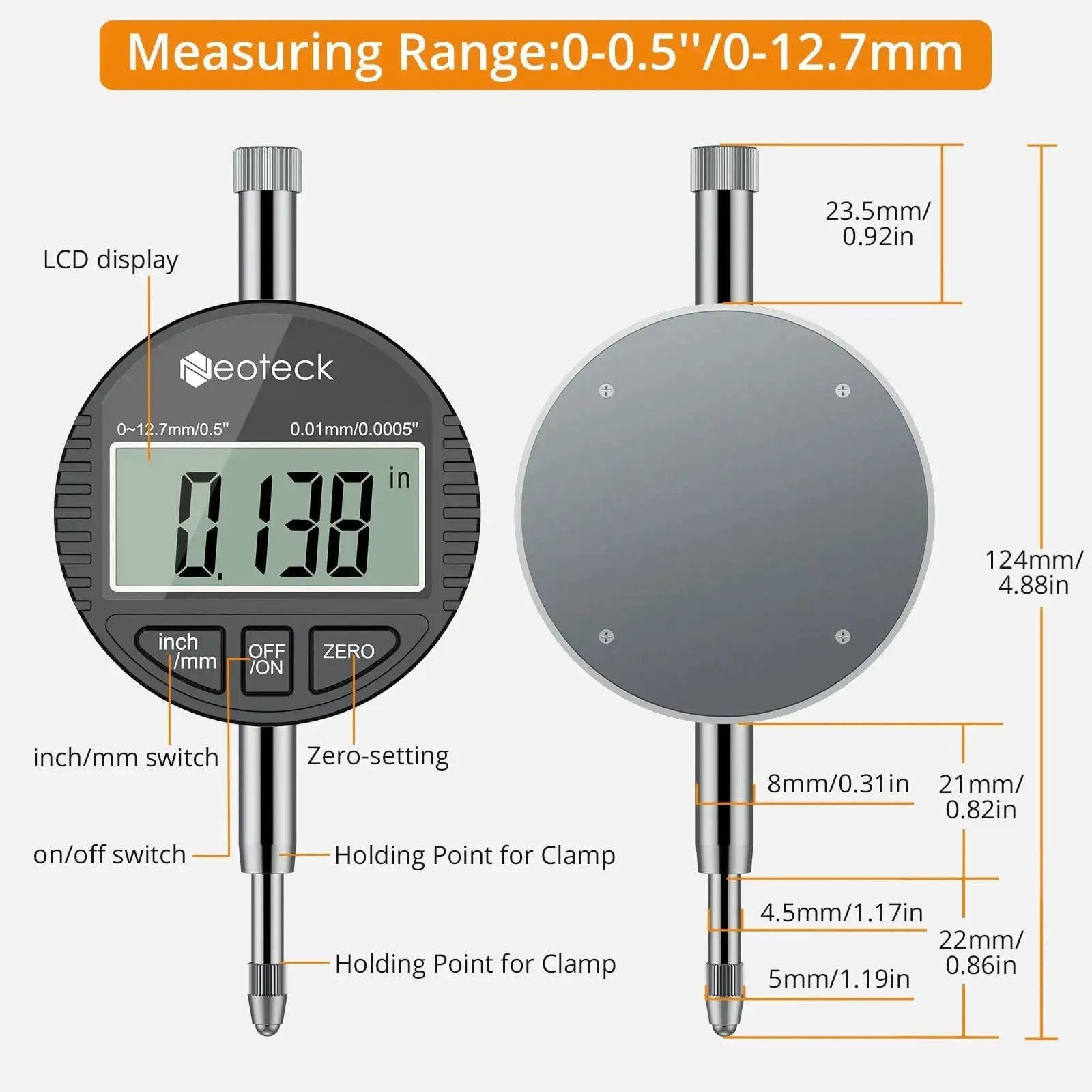 Pro Grade Digital Bore Gauge Set For 2 To 6 Inch Cylinders With Self Centering Dial Indicator shown with LCD display and measurements