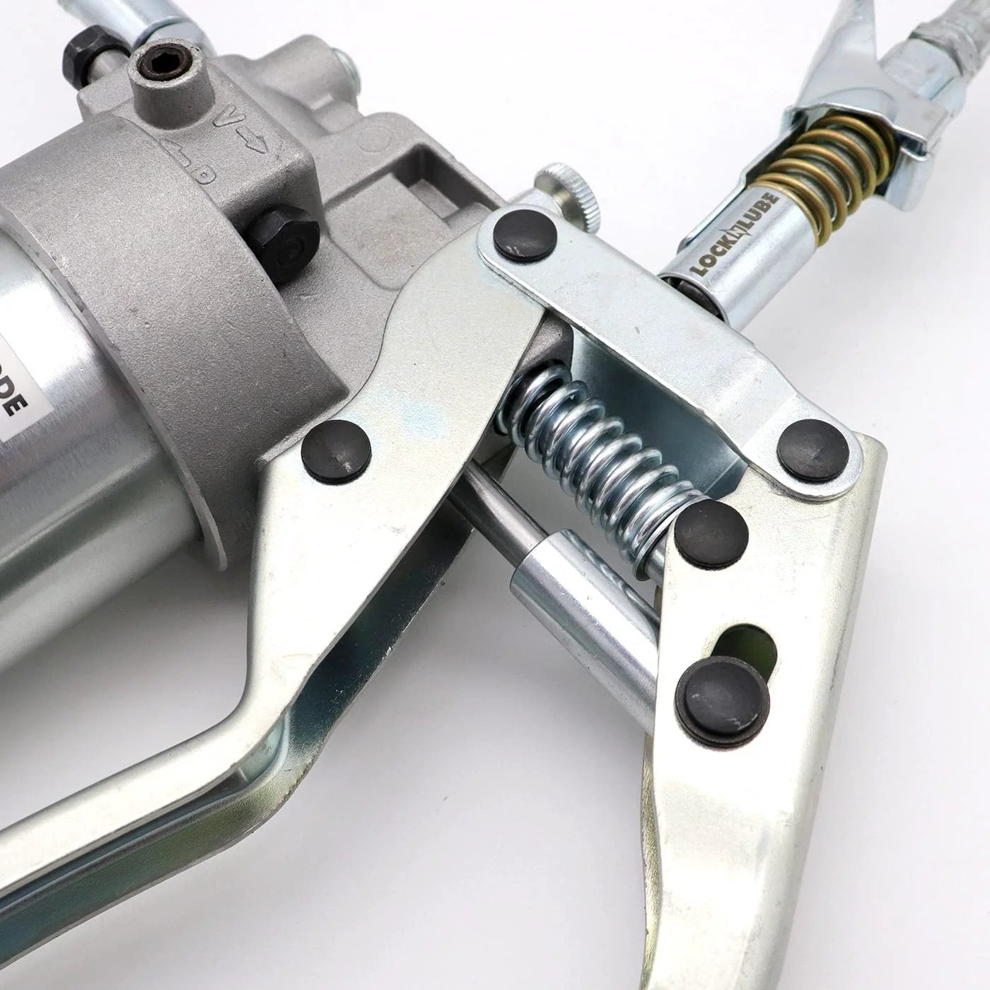 Close-up of Beefy Dual-Mode Pistol Grip Grease Gun With LockNLube Coupler 20 Inch Hose showing metal grip and connector.