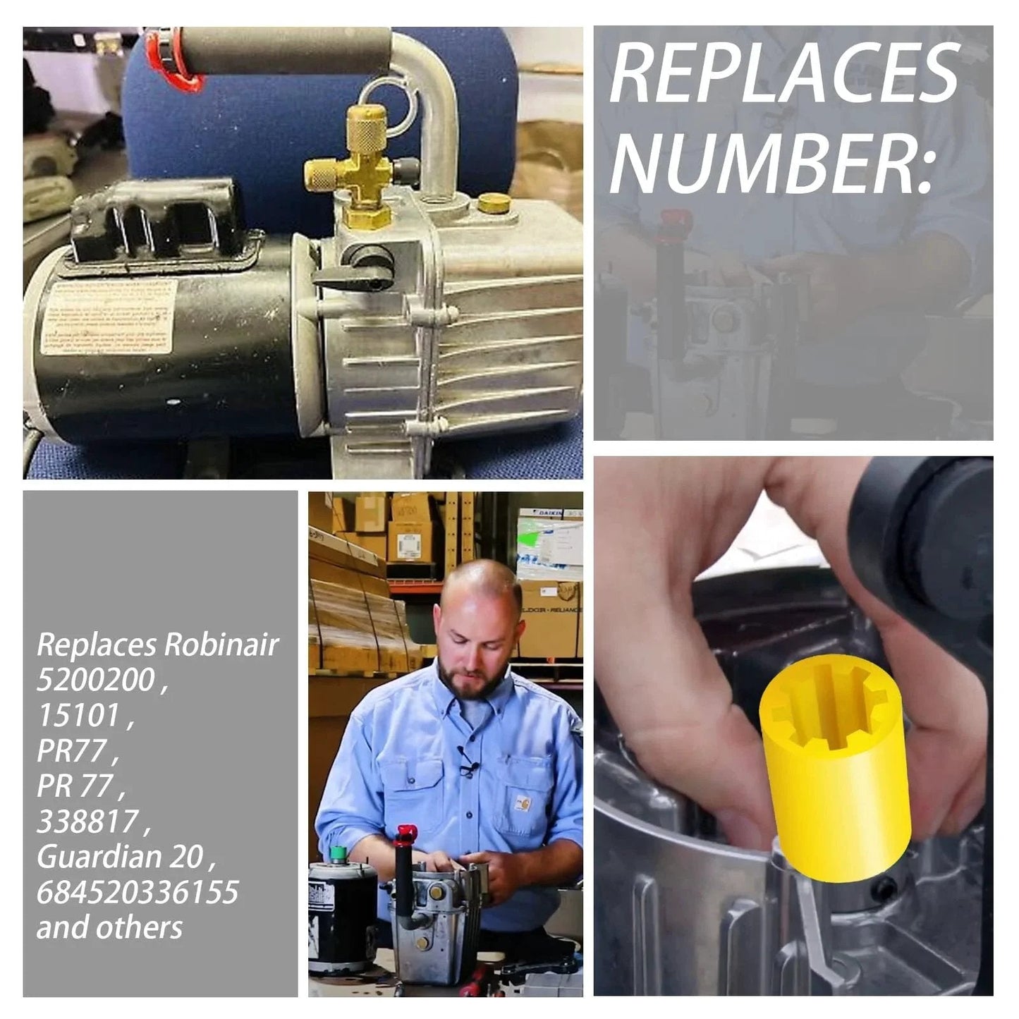 Collage showing PR 77 Vacuum Pump Coupler Sleeve By XYgdhqpt compatible installation and compatibility list with Robinair models.