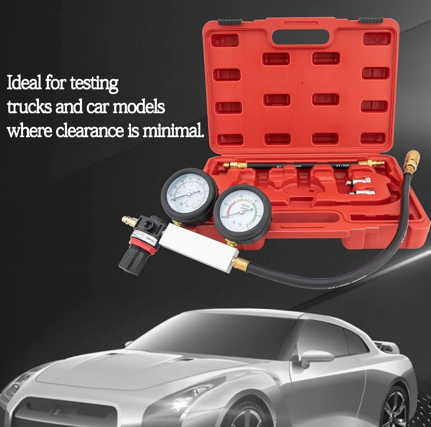 Cylinder Leak Down Tester Kit With Dual Gauge For Automotive Compression Testing Leakdown Checker For Trucks And Motorcycles Includes Pro Grade Durable ABS Blow Mold Case And Anti Scratch Acrylic Gauge Cover For Precise Diagnostics And Easy Tool Storage, displayed in red case with gauges.