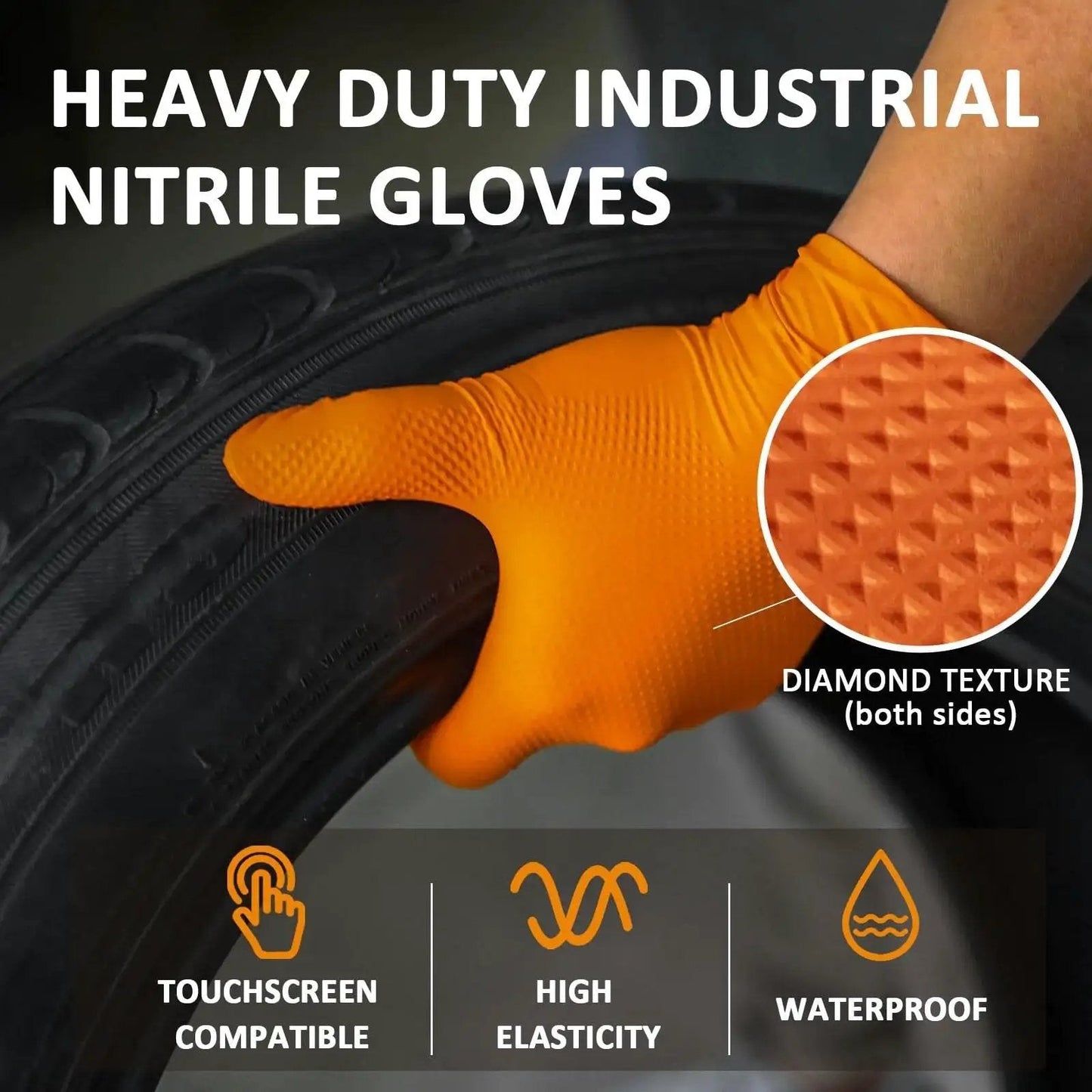 Heavy Duty Nitrile Gloves Diamond Texture Grip Powder Free Latex Free 100 Count shown gripping tire