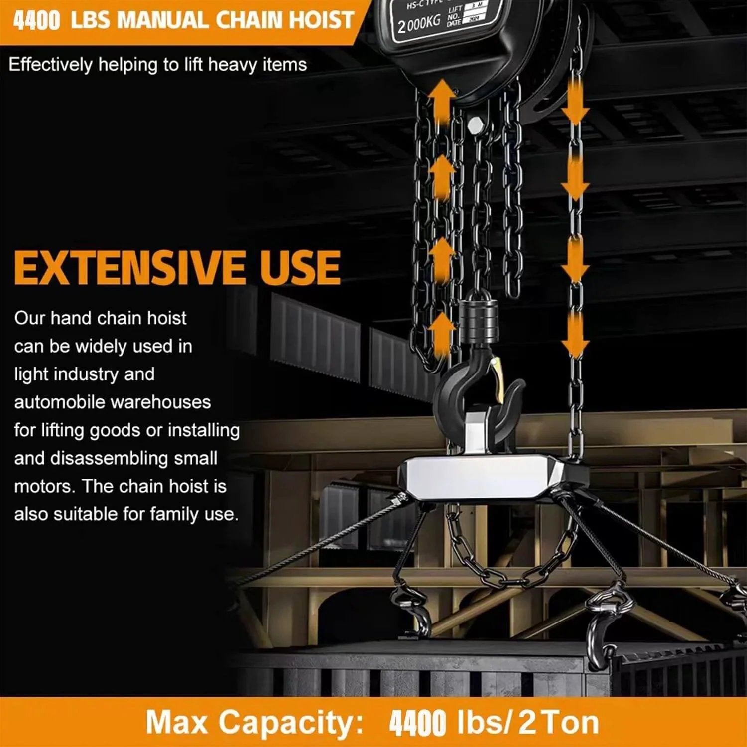 2 Ton Manual Chain Hoist With 10 Ft Lift Height And 4400 Lbs Capacity, G80 Galvanized Carbon Steel Chain in warehouse setup