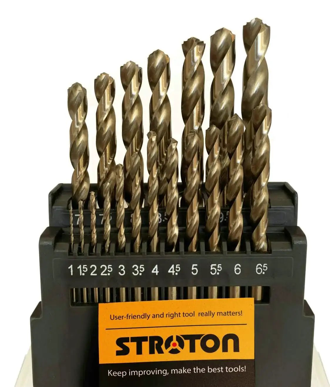 M42 8% Cobalt Twist Drill Bits Set, 19 Pcs, 1mm to 10mm, arranged in a holder, for stainless steel and hard metals, 68 to 70 HRC hardness.