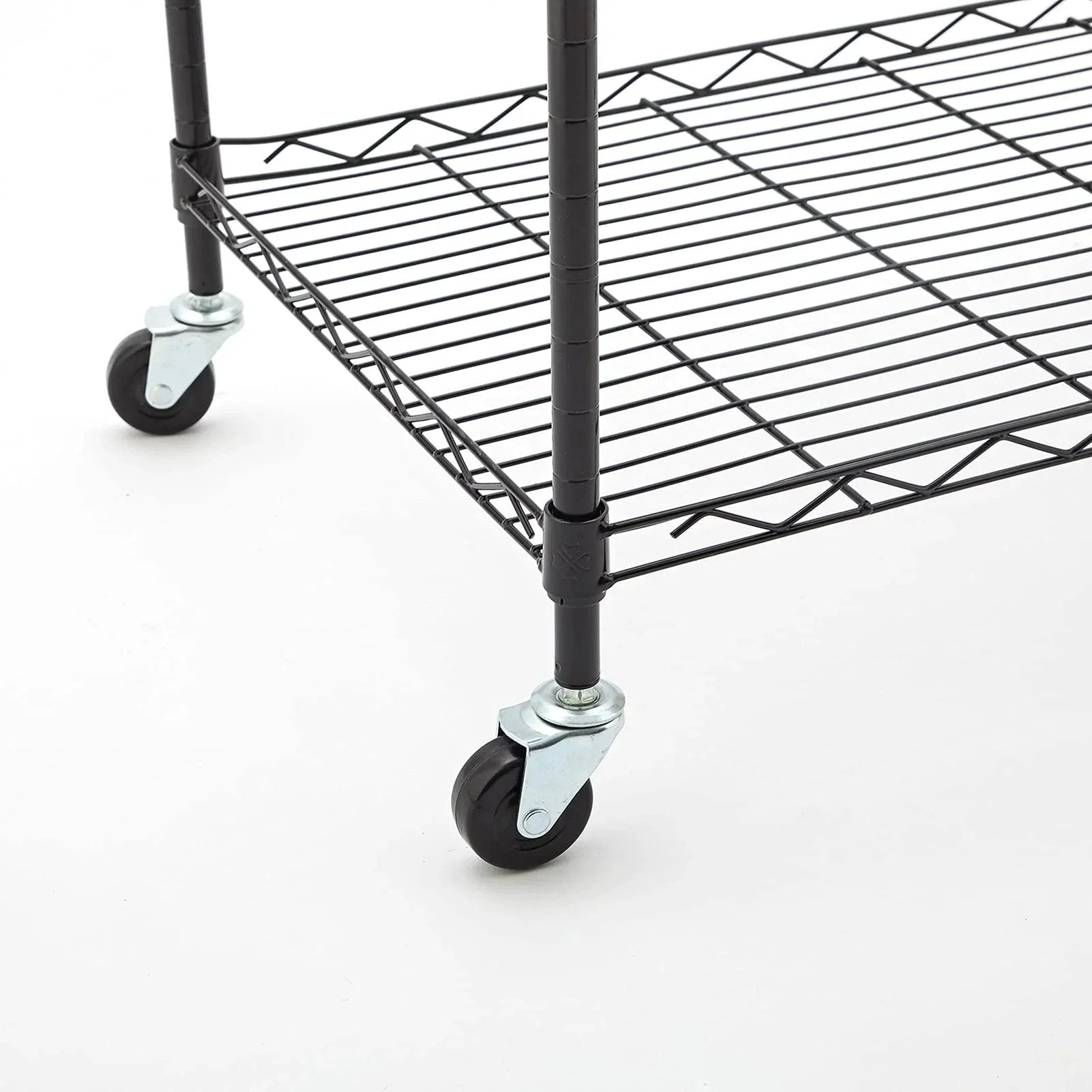 Wire shelving with attached two inch heavy duty caster set of four with rubber stem wheels, includes brakes and non-brake casters for easy installation.