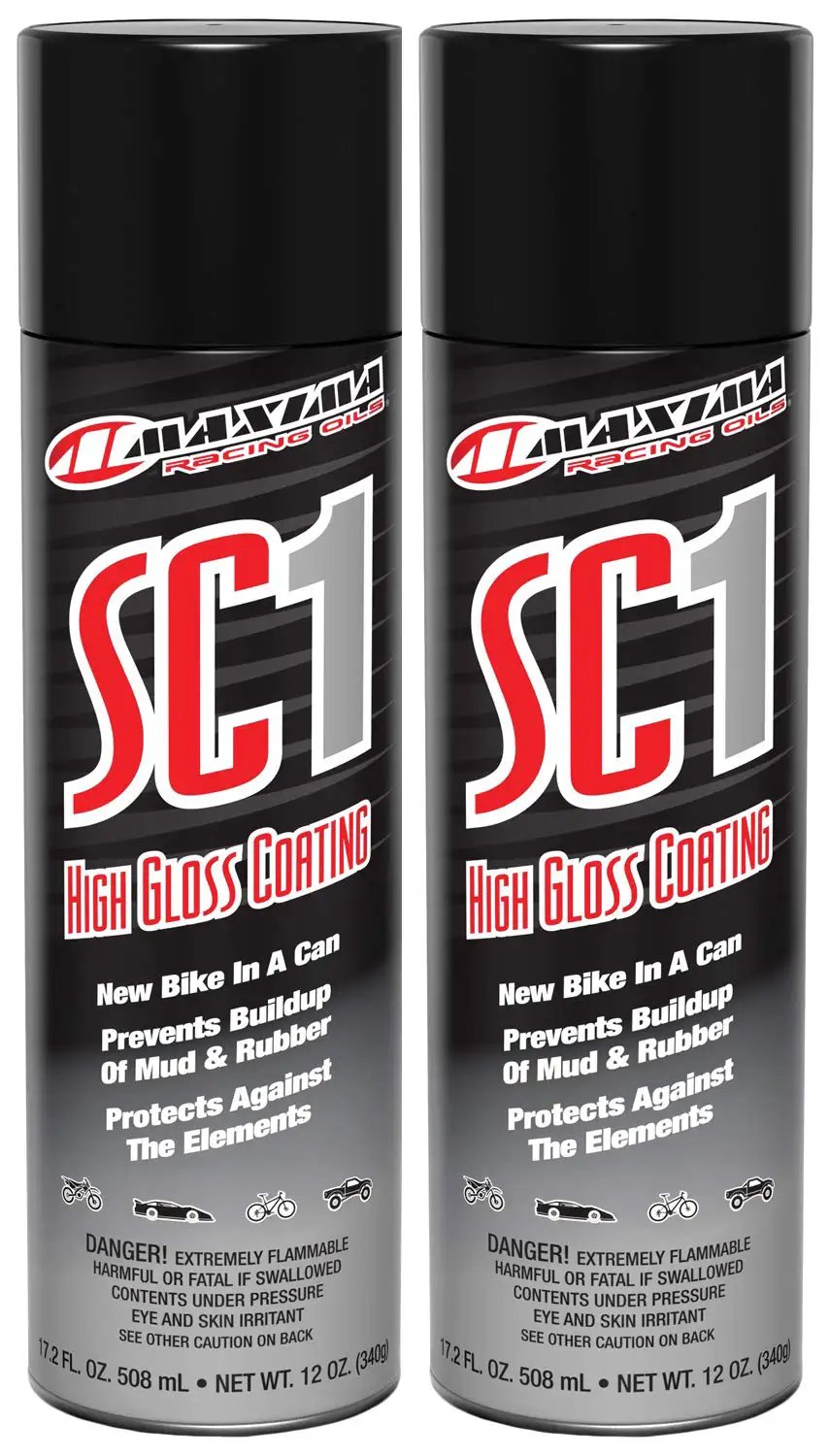 Two cans of SC1 High Gloss Clear Coat for Motorsports 2 Pack for protecting plastic and painted surfaces.