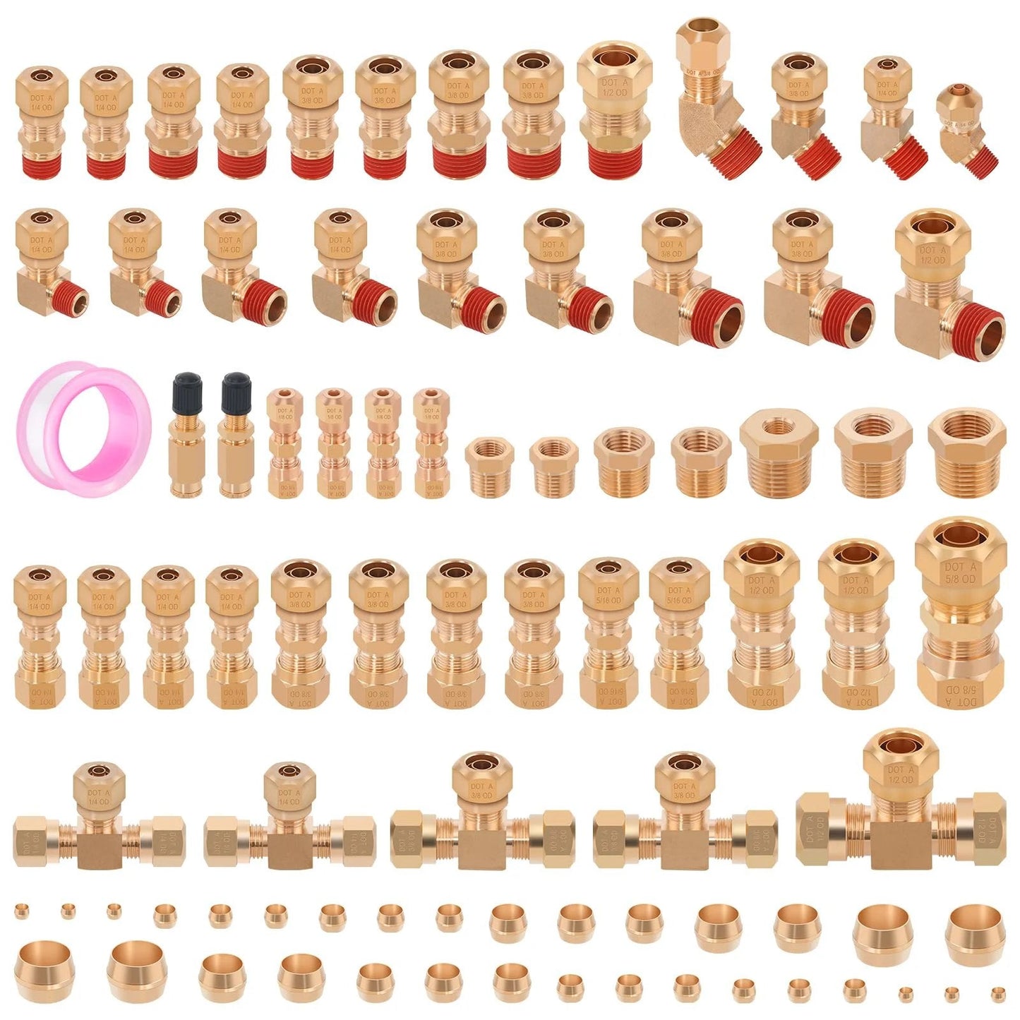 Heavy Duty Brass DOT Air Brake Fittings Kit, 86 Pieces, Compression Adapters layout with different sizes on display