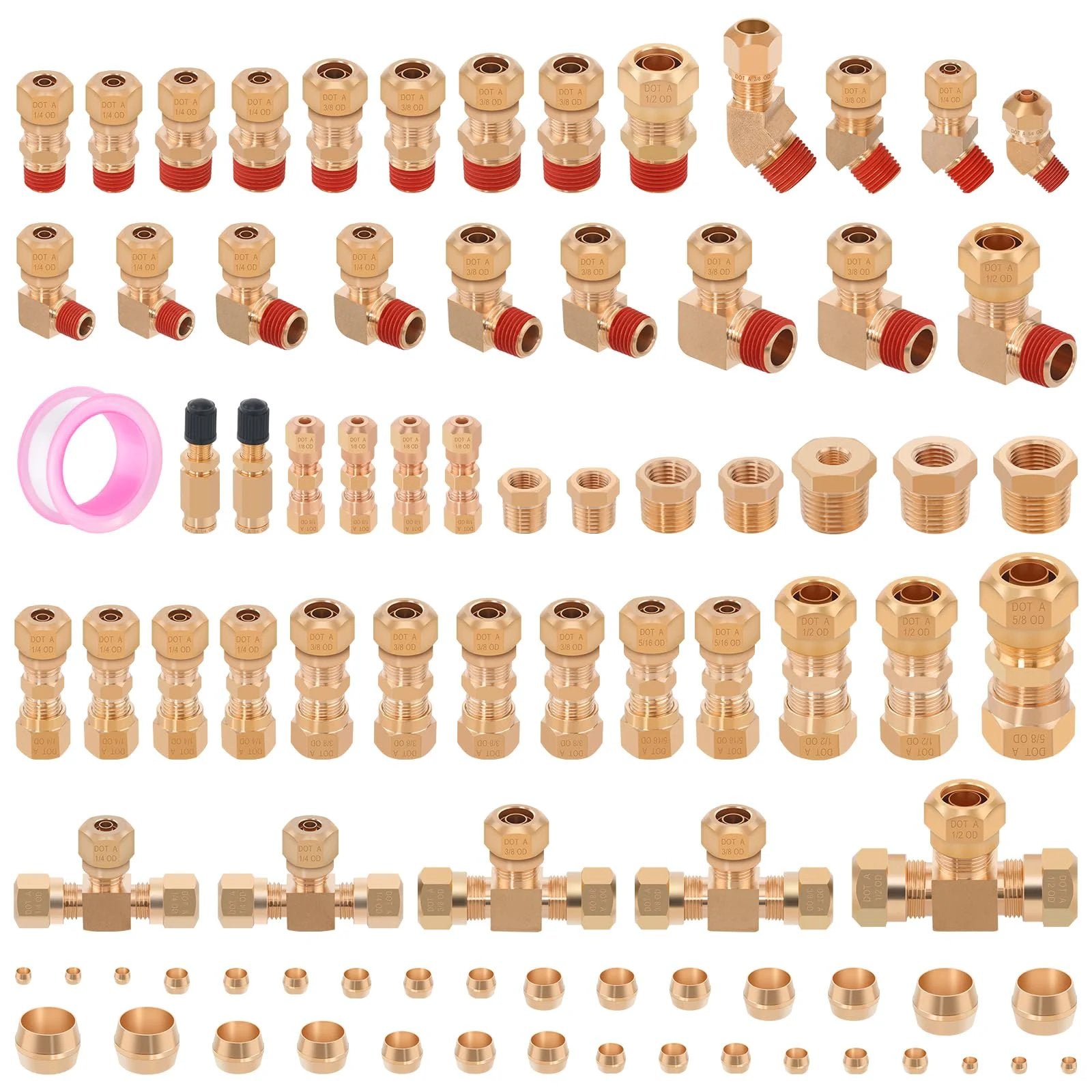 Heavy Duty Brass DOT Air Brake Fittings Kit, 86 Pieces, Compression Adapters layout with different sizes on display
