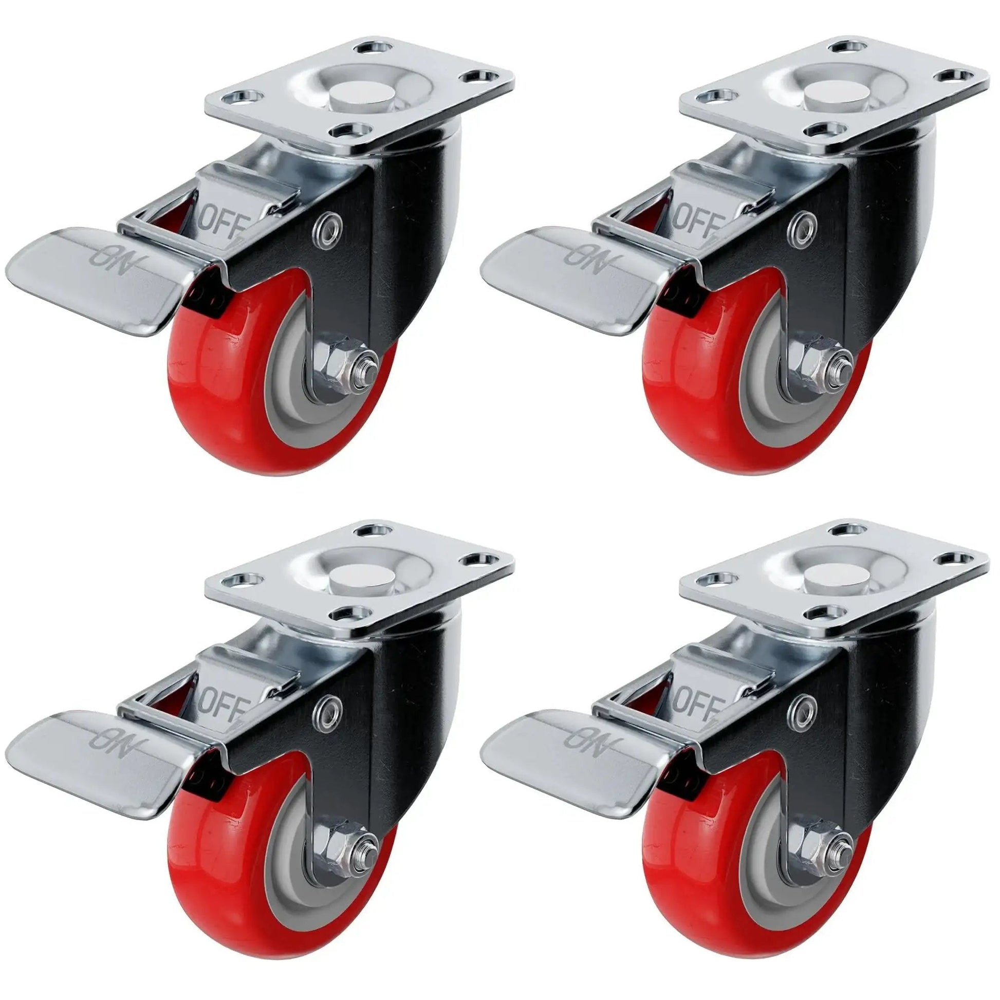 Four Pack Swivel Plate Caster Wheels With Brakes In Red Polyurethane, 3 Inch Locking Casters For Furniture, Carts, And Equipment