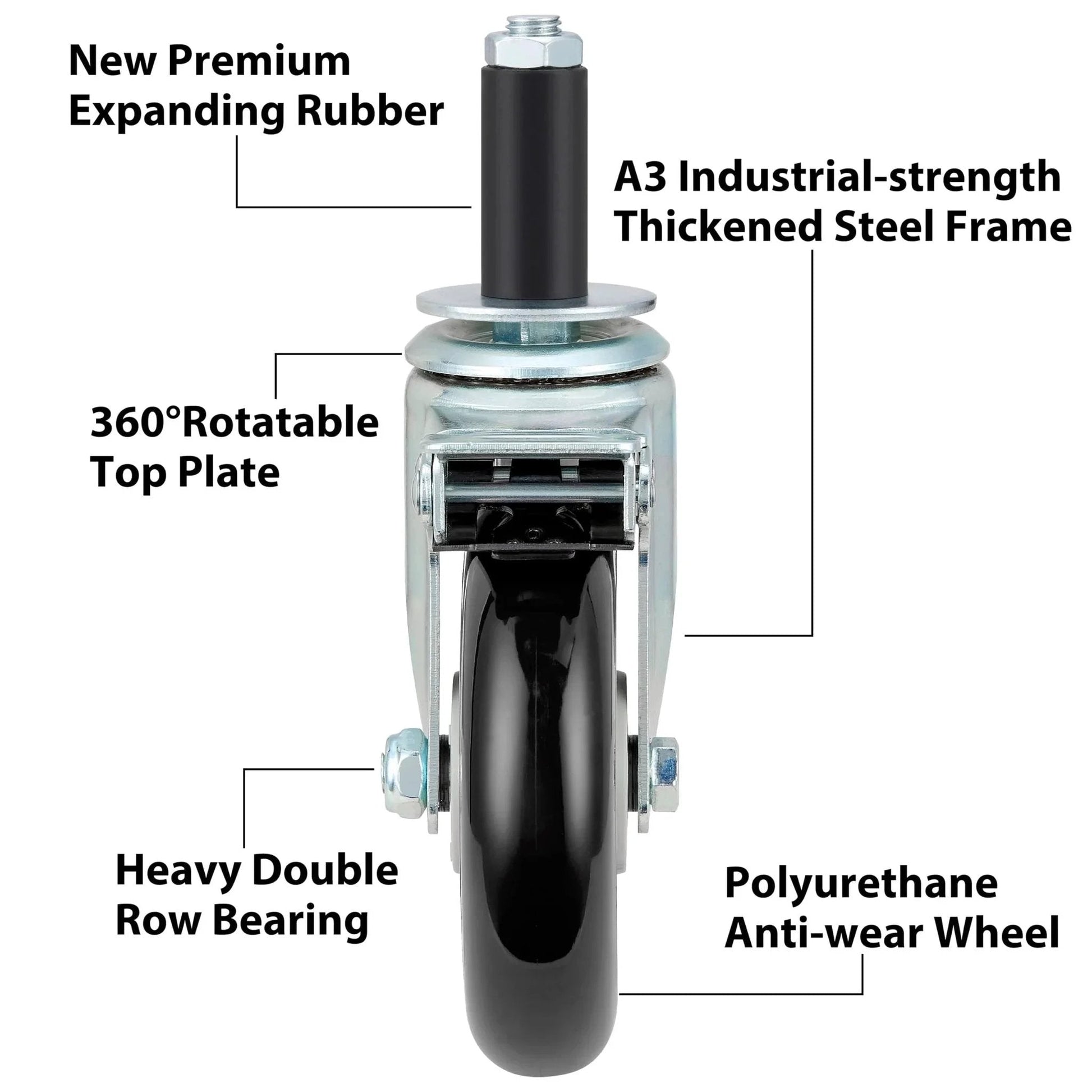 Close-up view of a caster from the Five Inch Prep Table Casters Set Of 4 Heavy Duty Expanding Stem Wheel Casters With Brakes Fit 7/8 Inch, 1 Inch, 1-1/2 Inch And 1-5/8 Inch Tube Legs For Stainless Steel Furniture, Worktable, Cart, Workbench, showing features like polyurethane wheel and 360° rotatable top plate.
