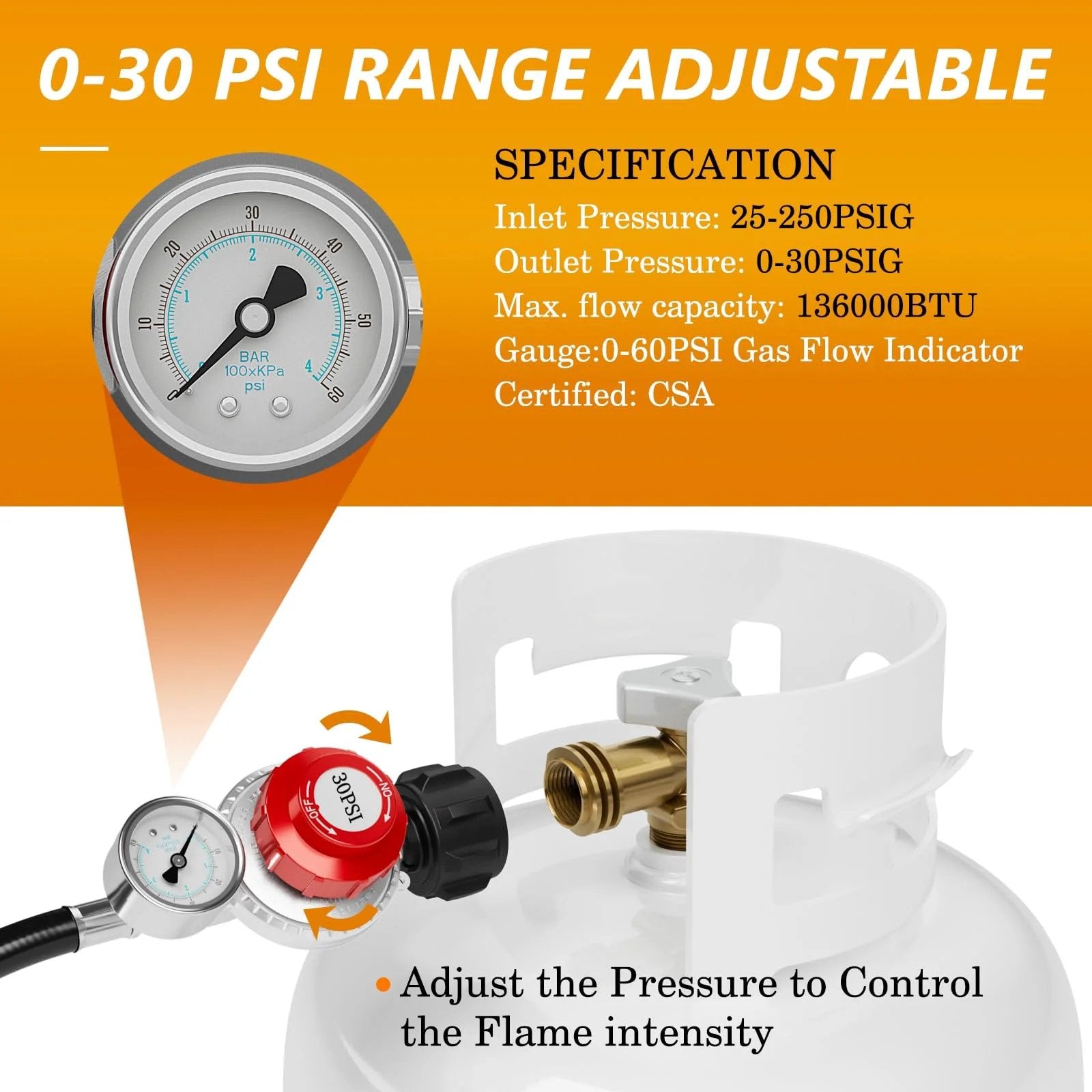Adjustable Propane Regulator With 0 to 60 PSI Gauge And Hose For LP Gas Cookers Burners Turkey Fryers And Smokers, showing pressure dial and gauge