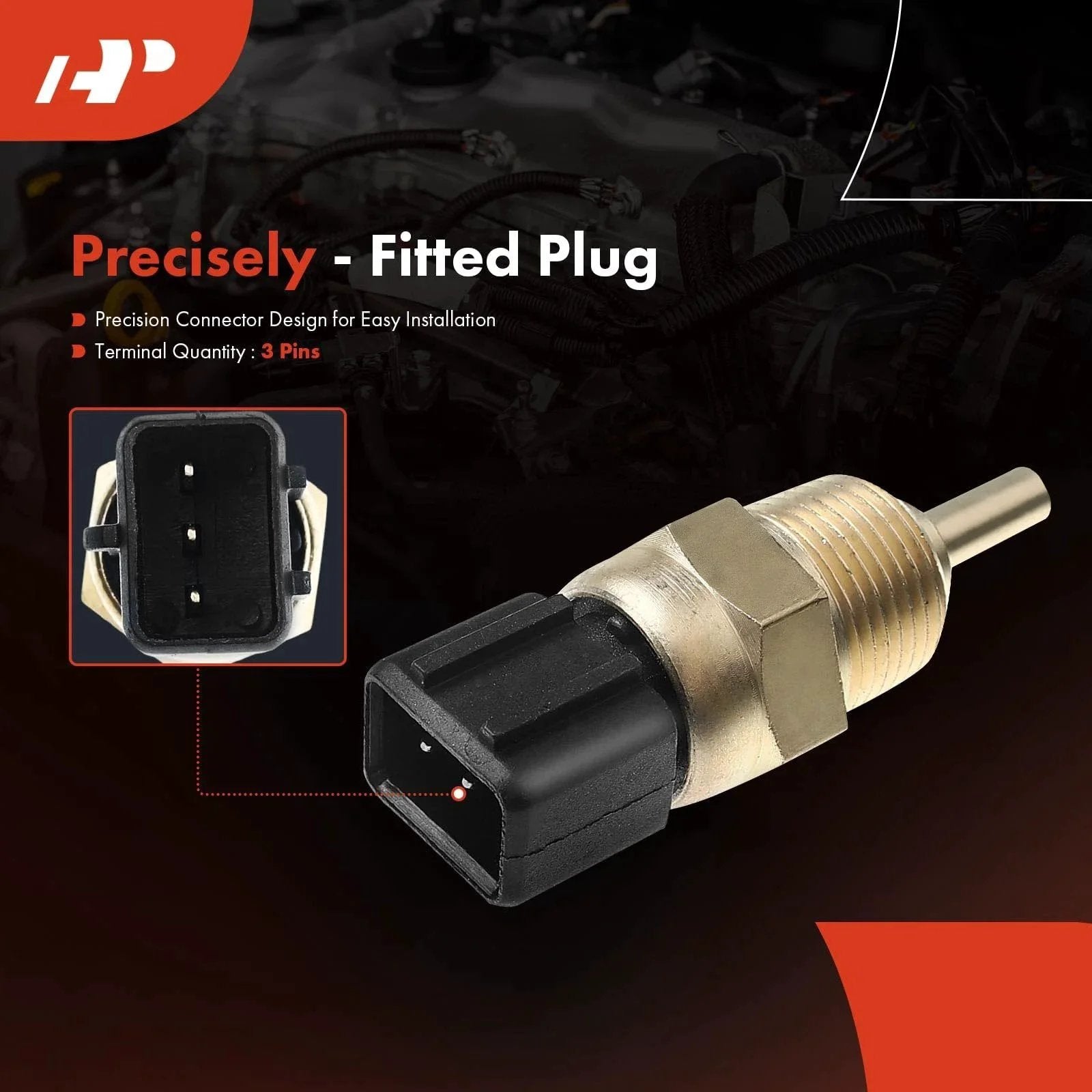 Engine Coolant Temperature Sensor For Dodge Verna Hyundai Accent Azera Entourage Santa Fe Tiburon Tucson Kia Amanti Optima Rio5 Sedona Spectra Elantra Genesis Veracruz APremium Quality Auto Part, showing a precision connector and brass body, with three-pin terminal.