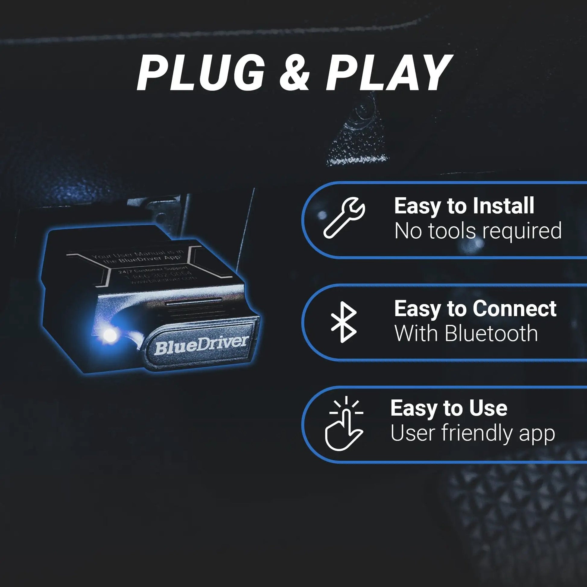 Professional OBD2 Bluetooth Car Scanner For iPhone And Android Read And Clear Codes Diagnose Check Engine ABS SRS Airbag 7000 Plus Vehicle Issues 1996 And Newer No Subscriptions BlueDriver plugged into OBDII port.