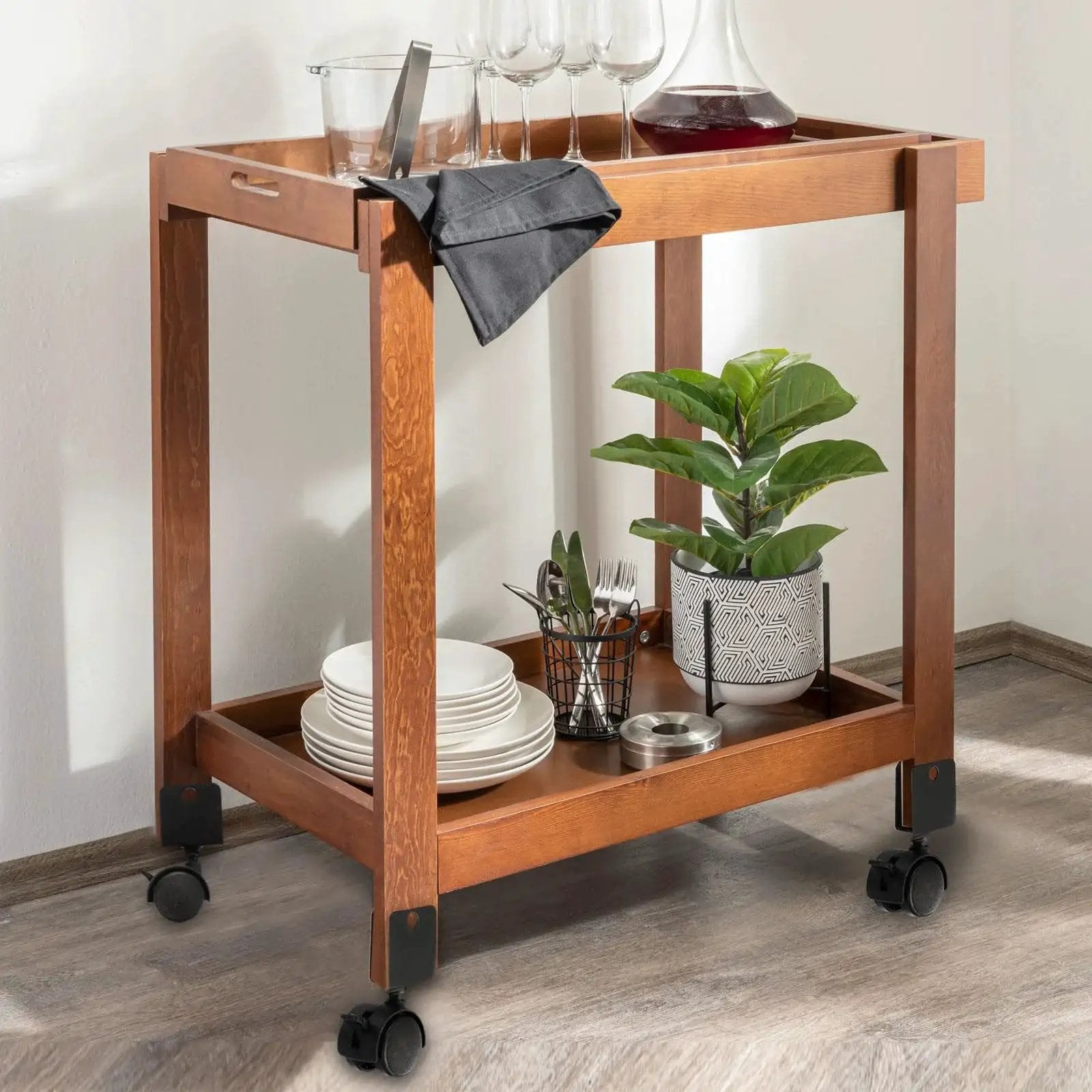 Wooden serving cart on 2 Inch Swivel Caster With Brake For Furniture Legs Four Pack 360 Degree Rotation Quiet Wheel U Bracket 1 Inch Inner Width 50mm Diameter Supports Total Load Up To 132 Lbs With 44 Lbs Per Caster.