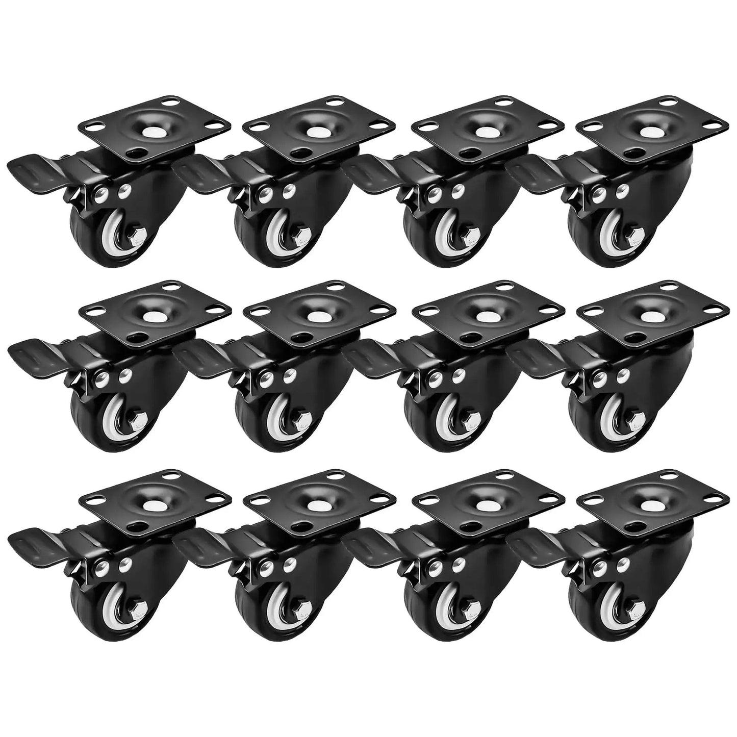 Swivel 1.5 Inch Caster Wheels Rubber Base With Top Plate And Bearing Heavy Duty With Total Lock Brake 12 Pack displayed in rows