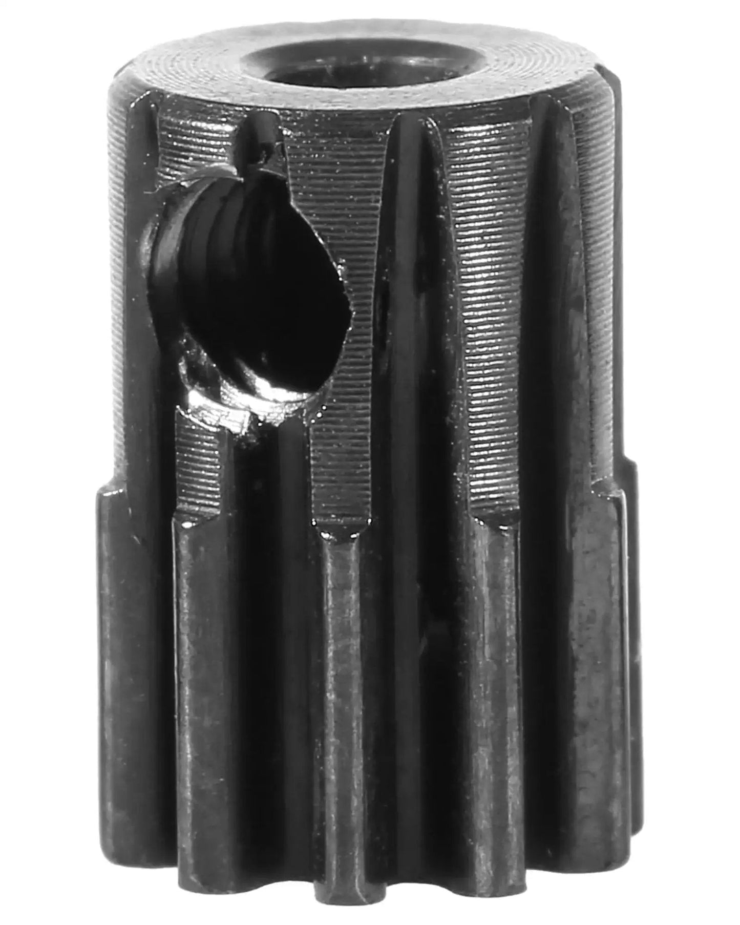 Close-up of Beefed Up Hardened 48DP 10 Tooth CNC Steel Pinion Gear With 2.0mm Bore For 1 18 RC Cars, Traxxas LaTrax compatible
