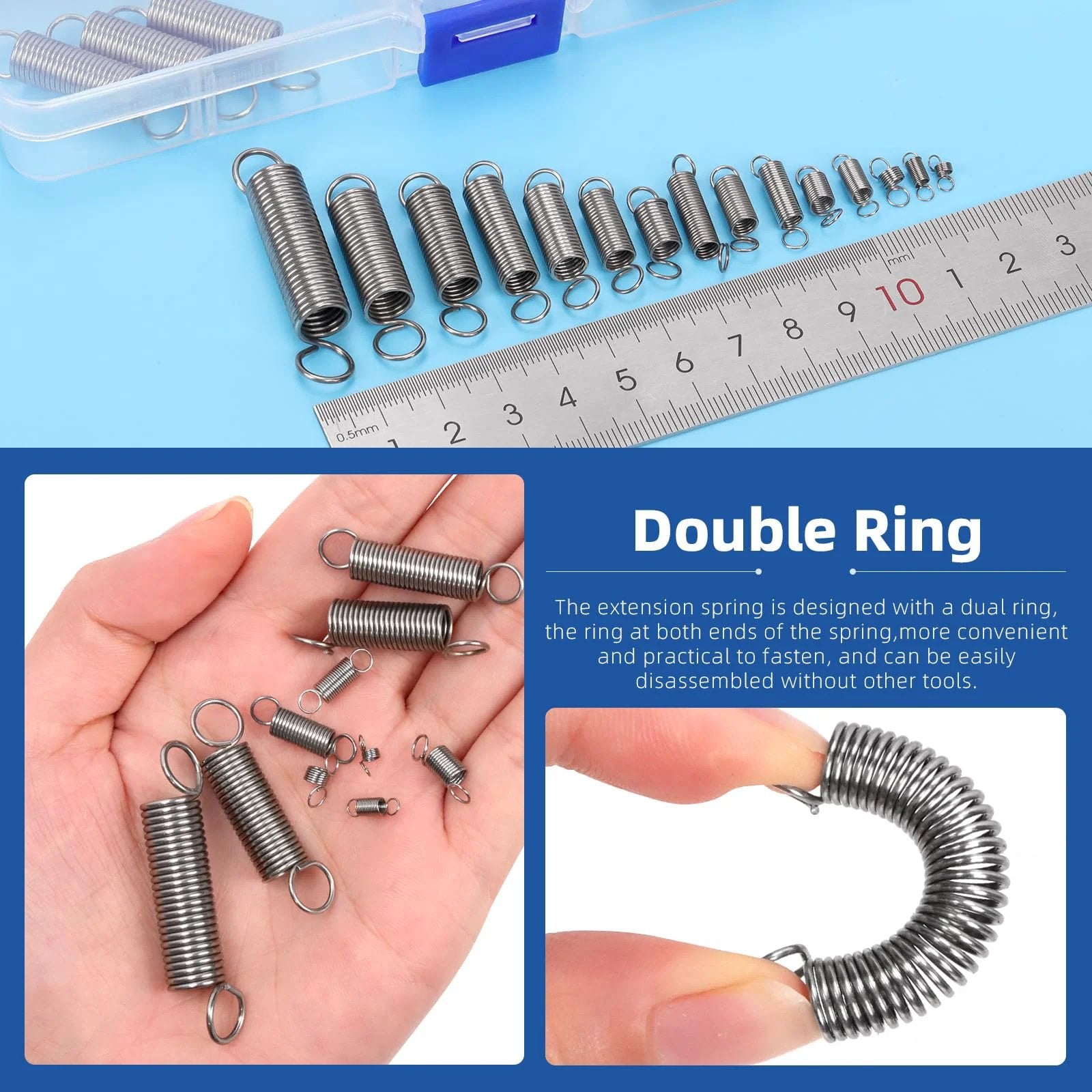 Stainless Steel Extension Springs Set With Double Hooks 96 Piece Assortment In 15 Sizes for machinery and industrial use.