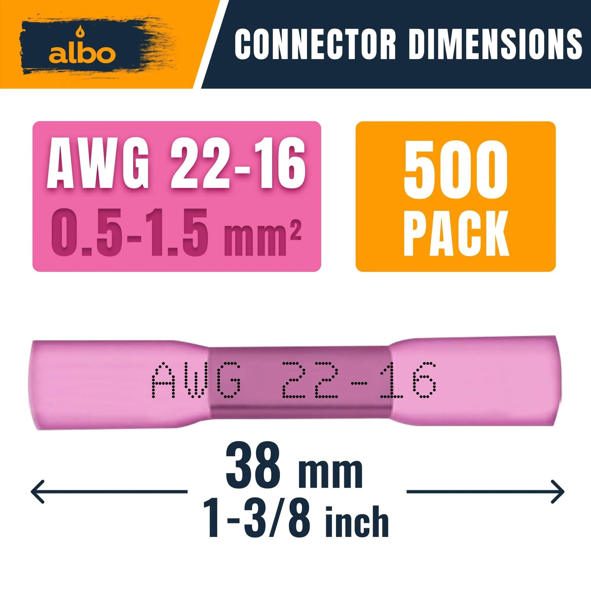 Heat Shrink Butt Connectors 22 to 16 AWG Red Insulated 500 Pcs Quick Install Garage Ready Wire Splice Kit, connector dimensions shown