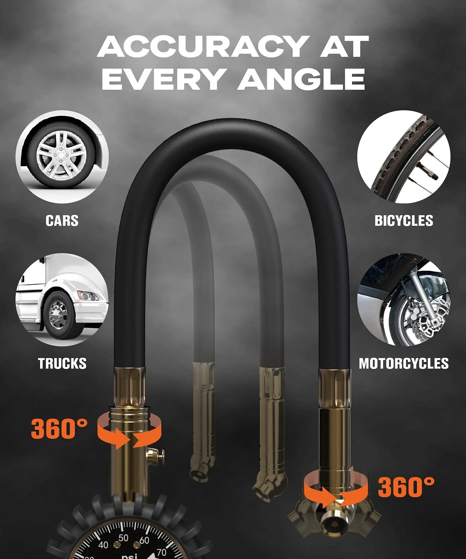 Image showing hoses for Glow Dial Tire Pressure Gauge 0 to 100 PSI For Cars And Trucks ANSI B40.1 Certified, suitable for cars, trucks, bicycles, motorcycles.