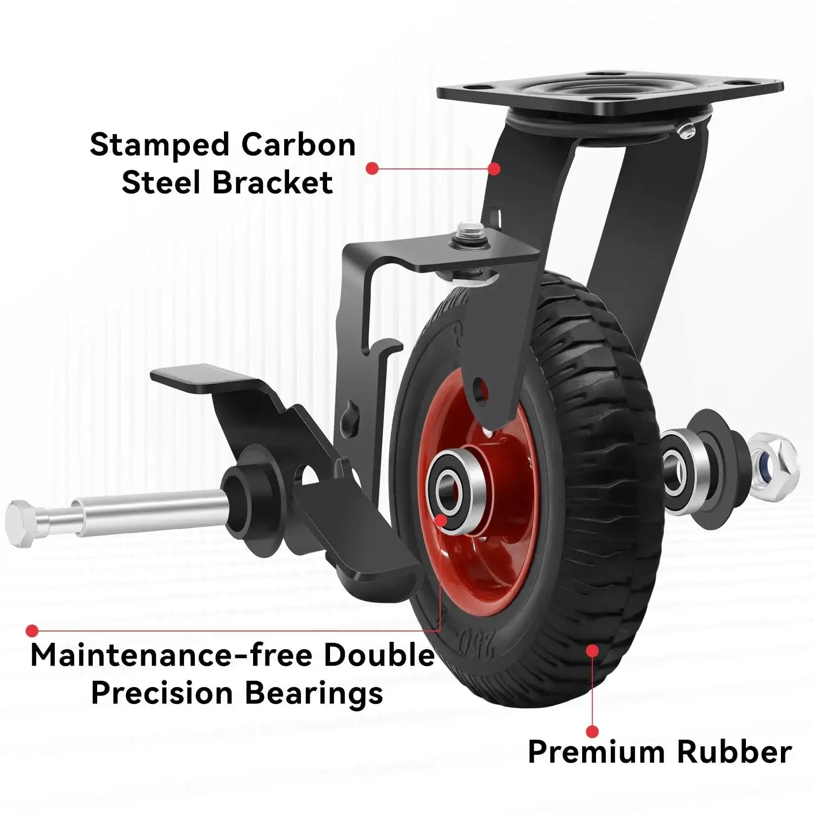 Close-up of 8 inch heavy duty rubber caster with carbon steel bracket and double precision bearings for industrial carts.