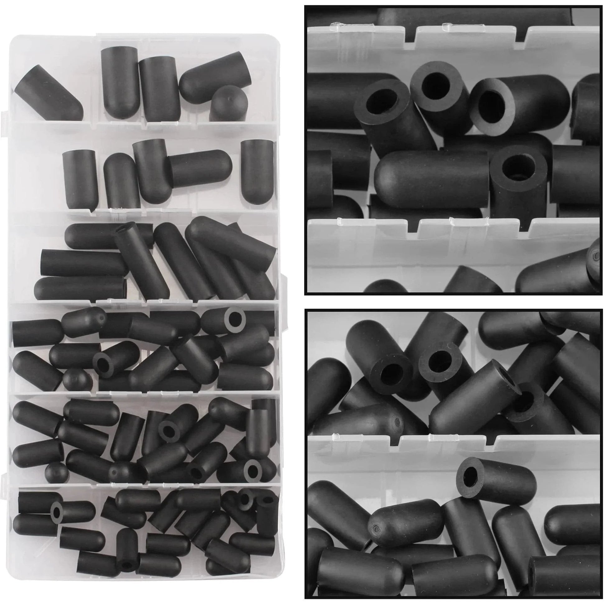 Vacuum Hose Caps Set With 80 Pieces, Six Size Assortment In Black Rubber For Automotive Use, Displayed in Storage Box