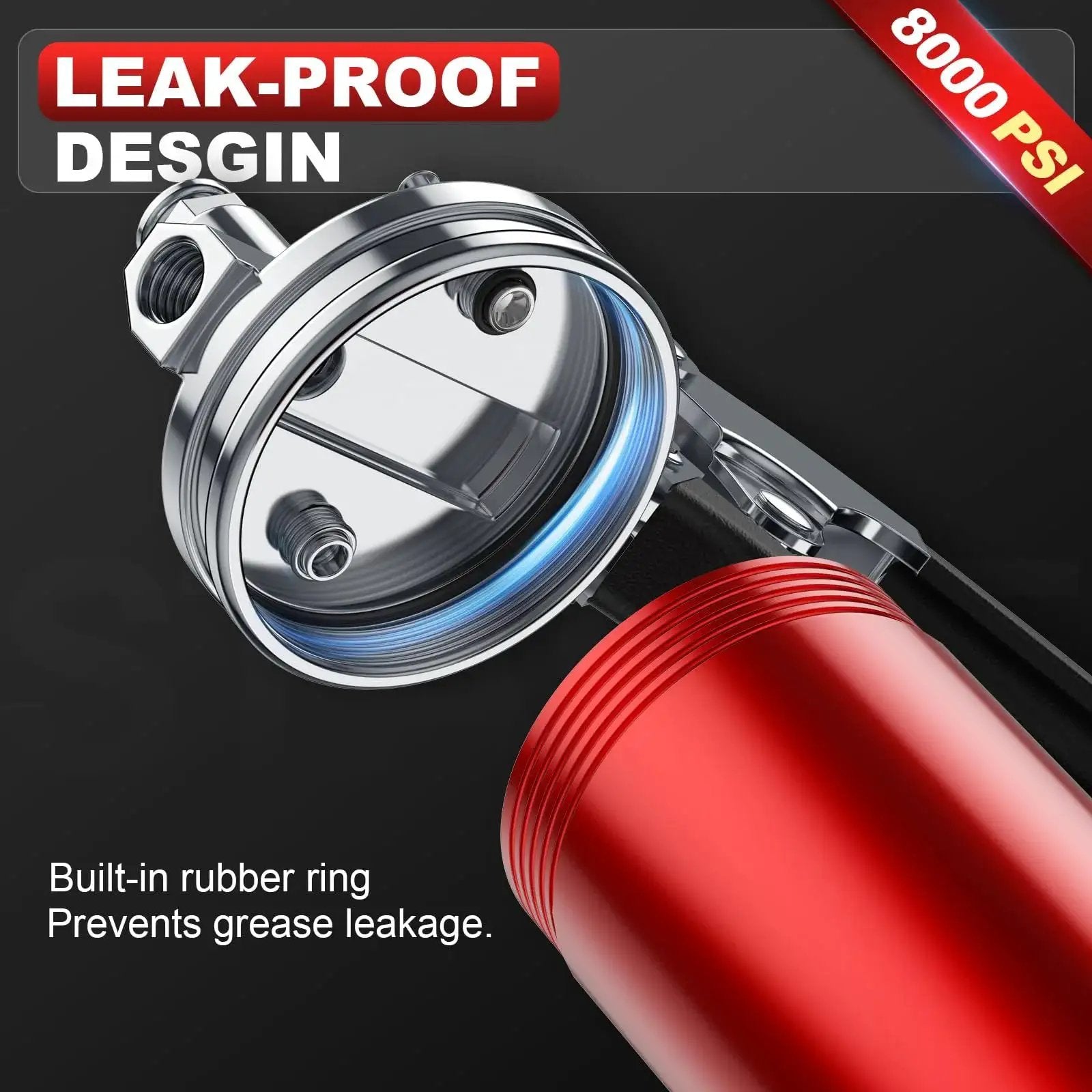 Close-up of Heavy Duty 8000 PSI Pistol Grip Grease Gun Kit With Quick Locking Coupler Spring Flex Hose 14 Ounce Load