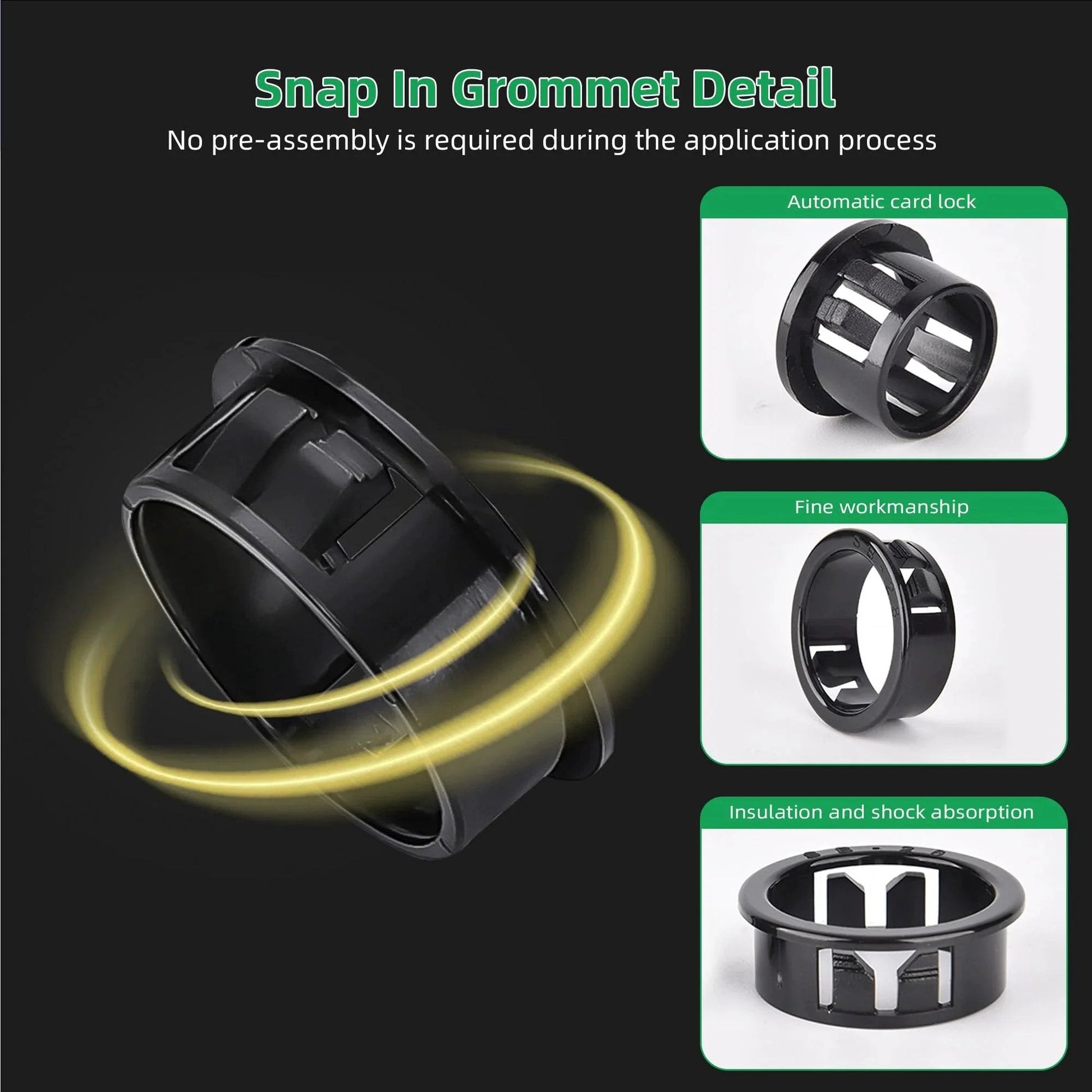 Snap-In Knockout Bushing Grommets 1/2 Inch Black Nylon Plastic Cable Hole Grommets for Wiring and Electrical Installations details