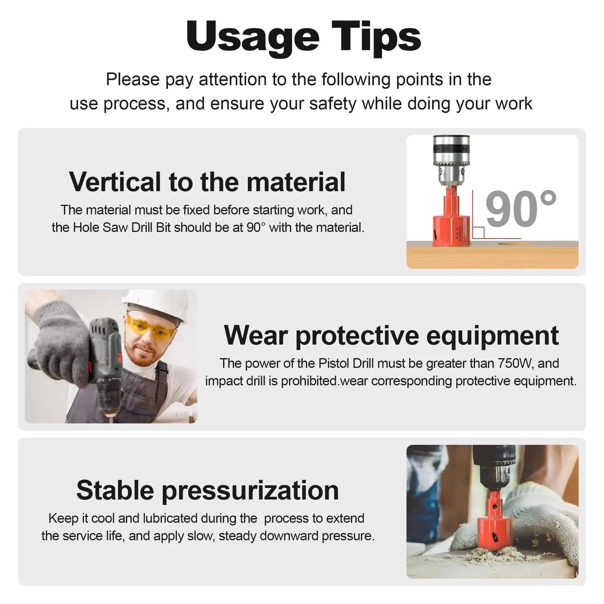 Instruction guide showing tips for using a Bi-Metal Hole Saw Kit 6-Piece Set for wood, plastic, drywall, and soft metal.