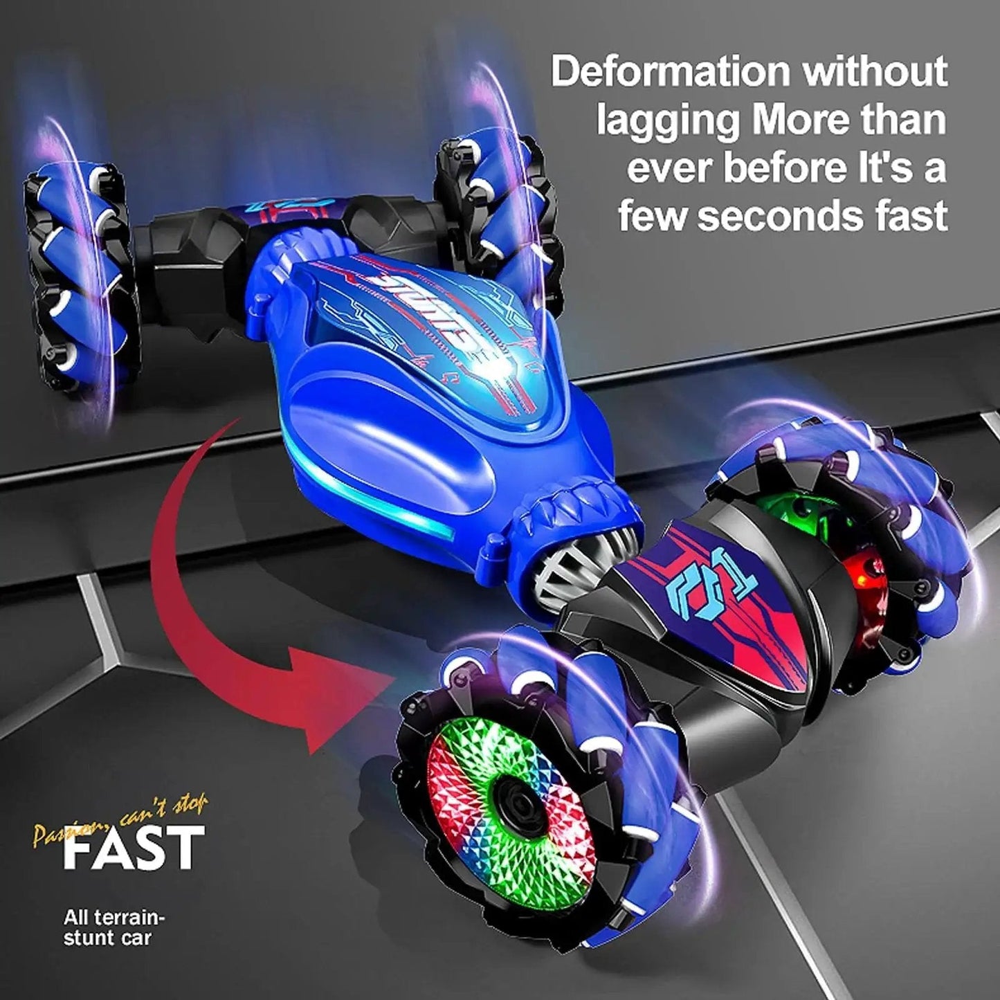 360 Degree Rotating 4WD Gesture Control RC Car with LED lights showing epic 360 stunts and all round drifting on a surface