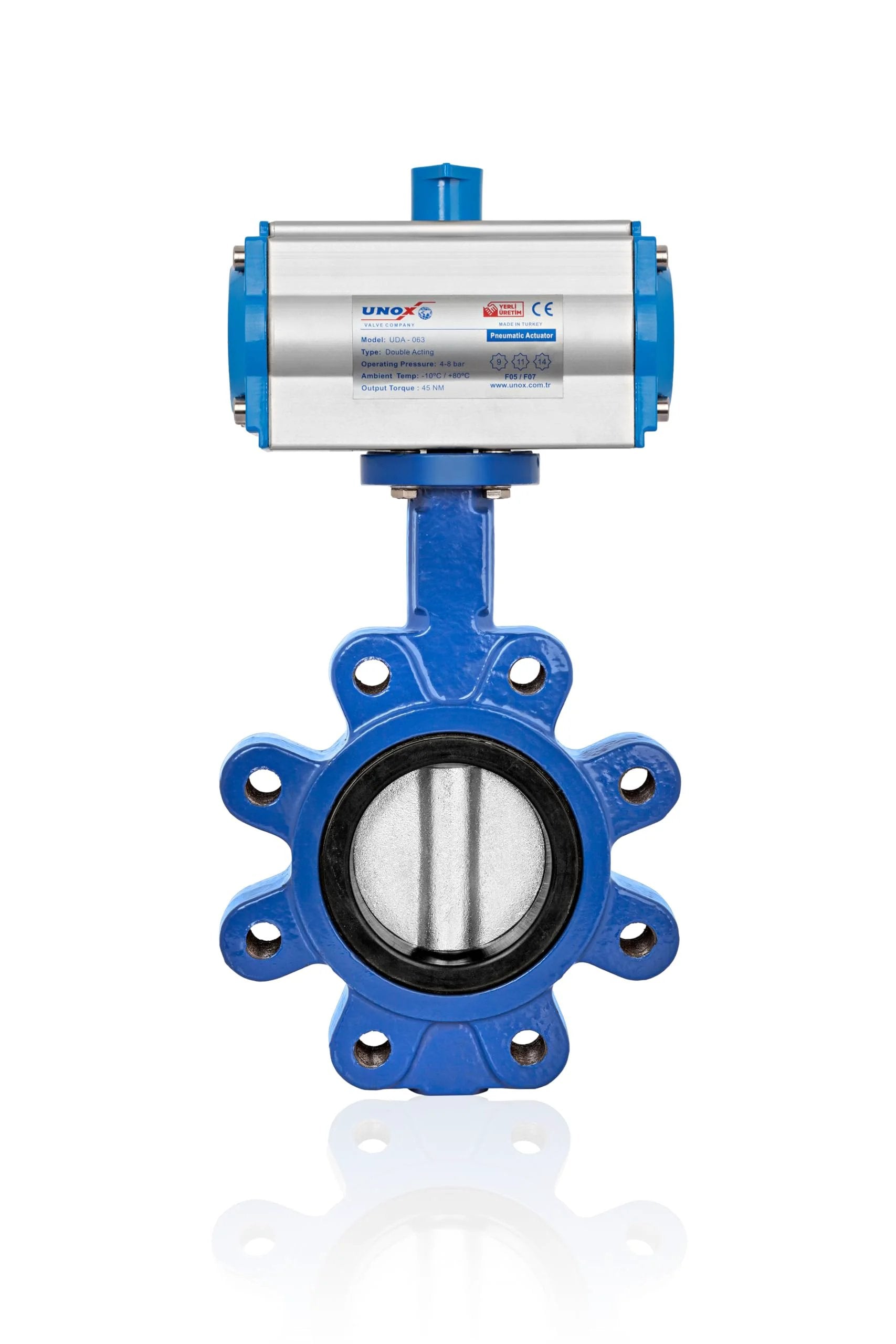 Heavy Duty Pneumatic Actuated Butterfly Valve 8 Inch Lug Type For DN200 Double Acting 230 PSI Stainless Steel AISI304 Disc With GGG-40.3 Sfero Casting Body EPDM Seat For Water And Air UNOX