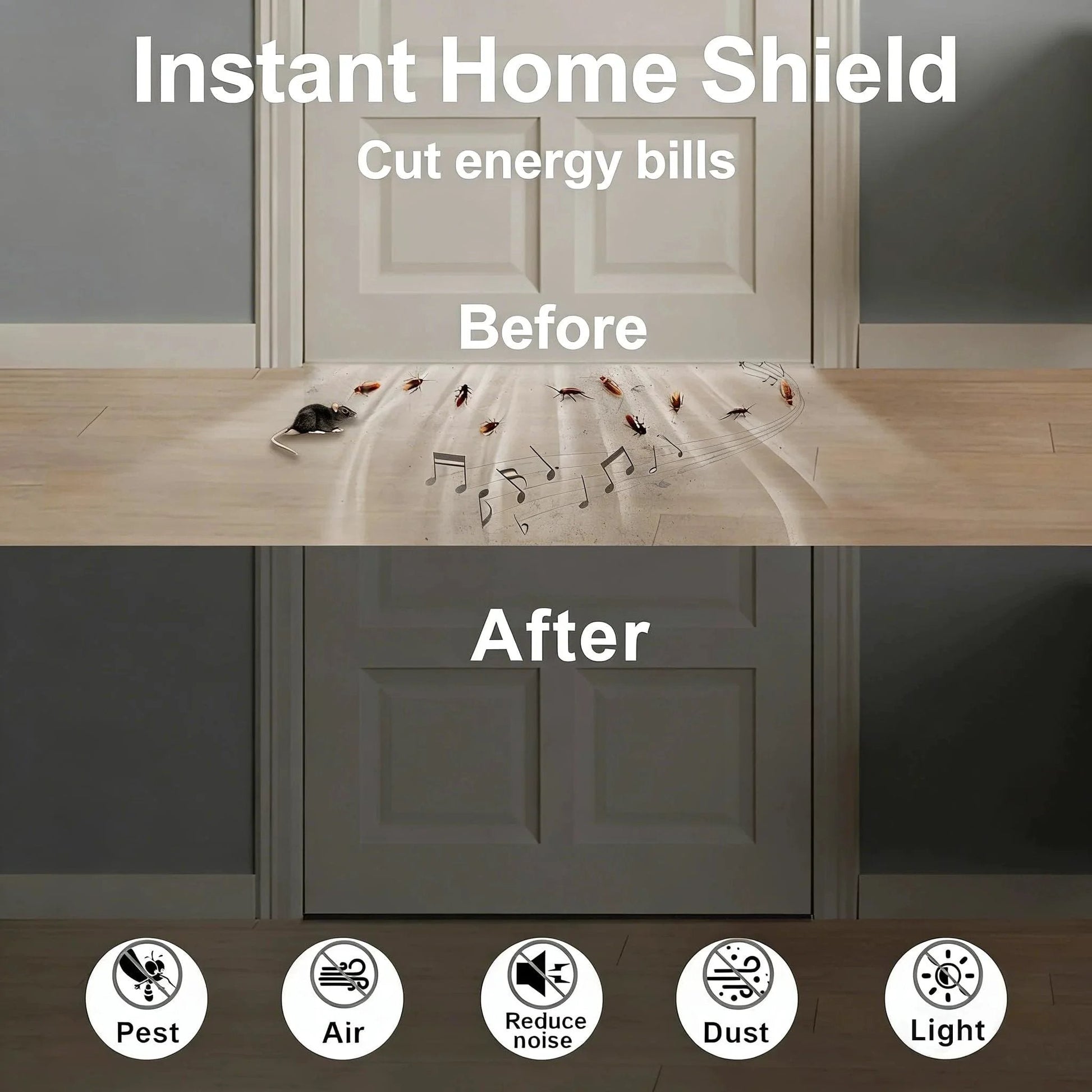 Weather Stripping Door Seal Tape With Strong Adhesive Lightproof And Noise Reduction Weatherproof Foam Insulation For Sliding Doors Front Door Frames And Windows Cut Energy Bills Half Inch By Quarter Inch Two Rolls Twenty Six Feet Total installed on door showing before and after energy savings.