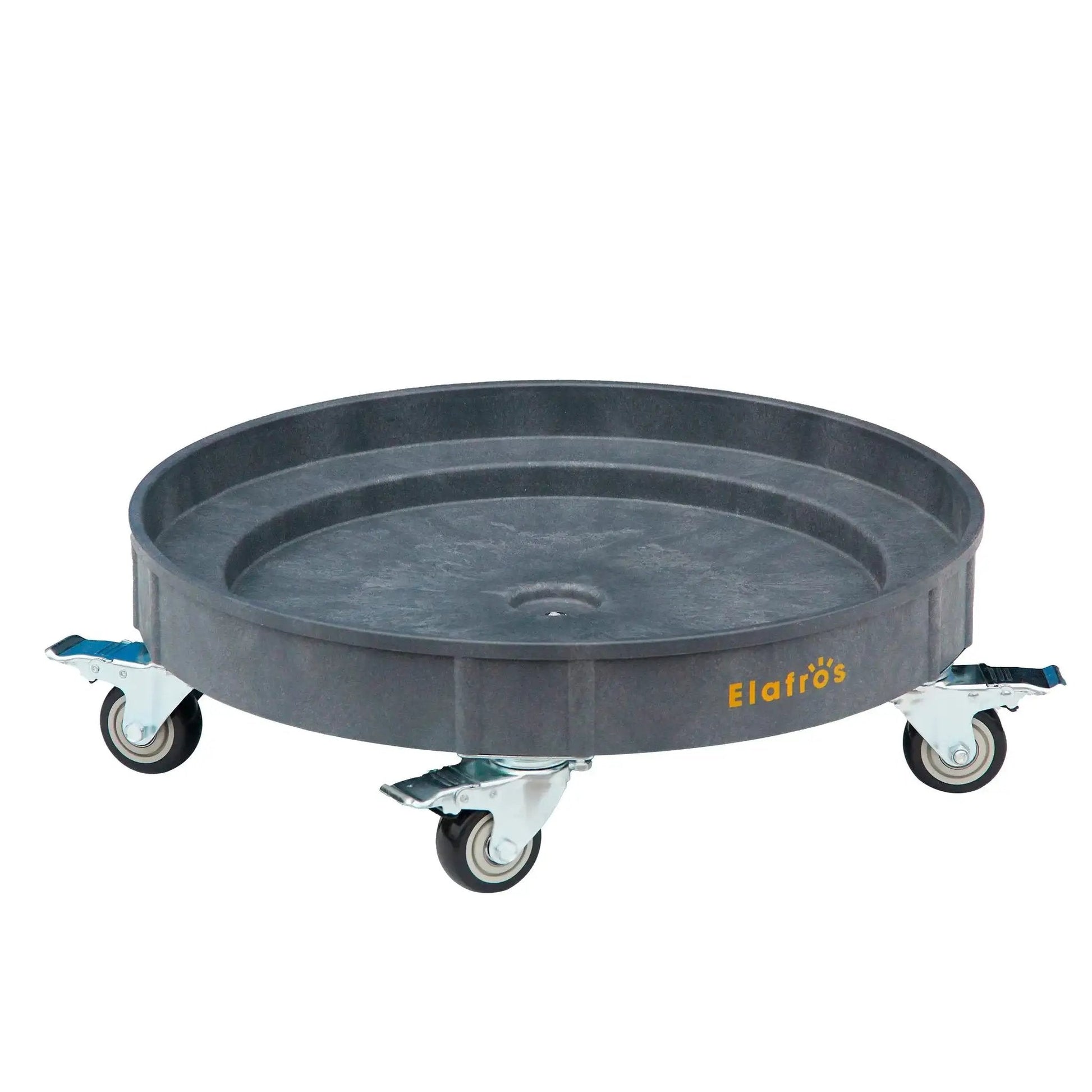 Heavy-Duty Plastic Drum Dolly For 30 And 55 Gallon Drums, 900 Lb Capacity, Grey two-tier cart with swivel casters and brake