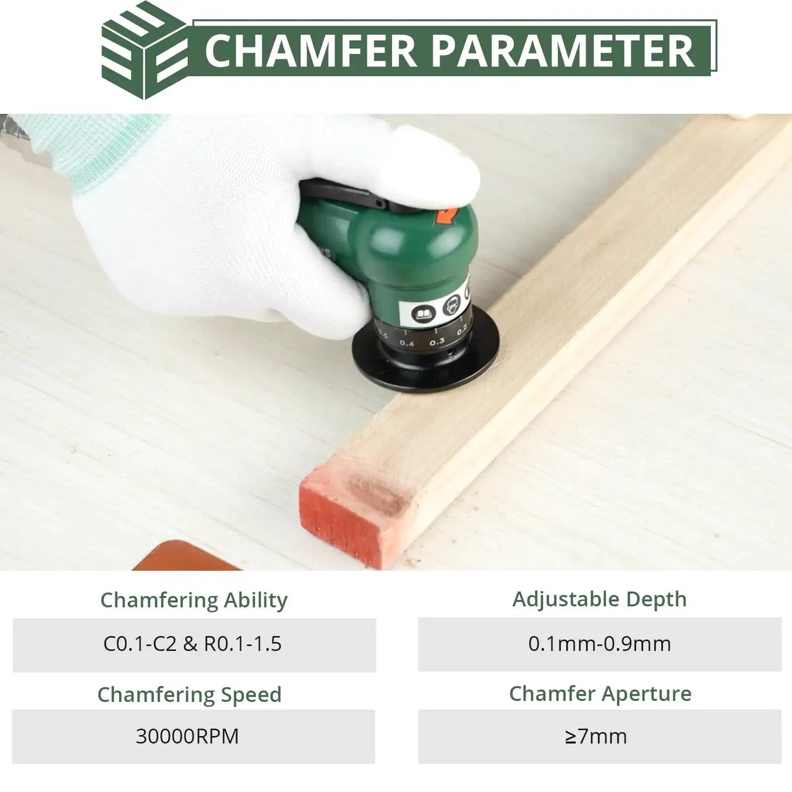 Pro Mini Pneumatic Chamfering Tool With 16 Piece C And R Angle Blades For Straight 45 Degree And Arc Beveling, Metal Air Chamfer 30000 RPM, Edge Deburring For Copper Aluminum Steel Wood Acrylic, Quarter Inch Inlet, Quiet Operation By EYPINS being used on wood surface by hand.
