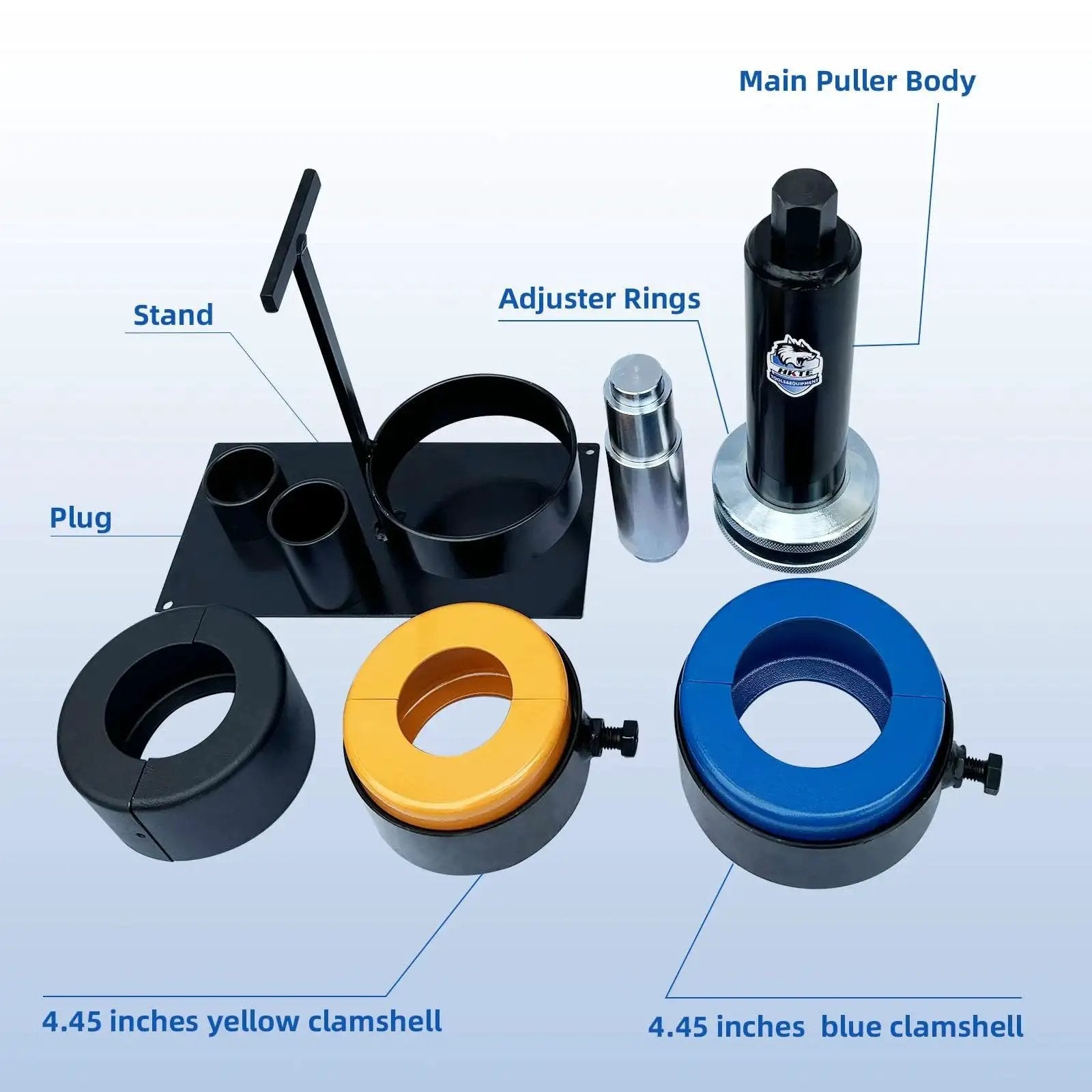 Carrier and Pinion Bearing Puller with clamshell design for Dana 30-80 and Ford 8.8-10.25 bearings, shown with components