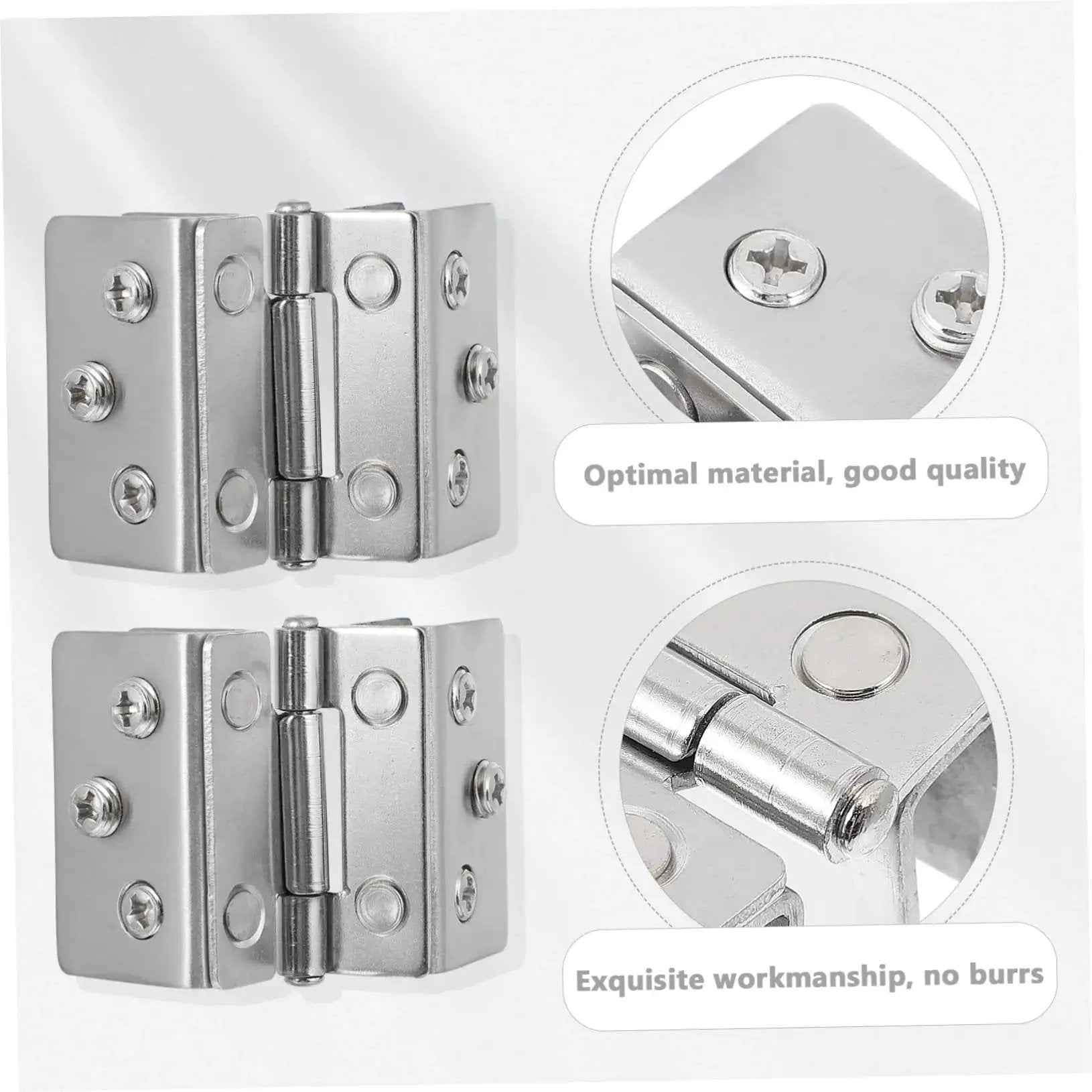 Close-up of double sided stainless steel glass door hinges for display cabinets heavy duty load bearing easy to install 2 pack.