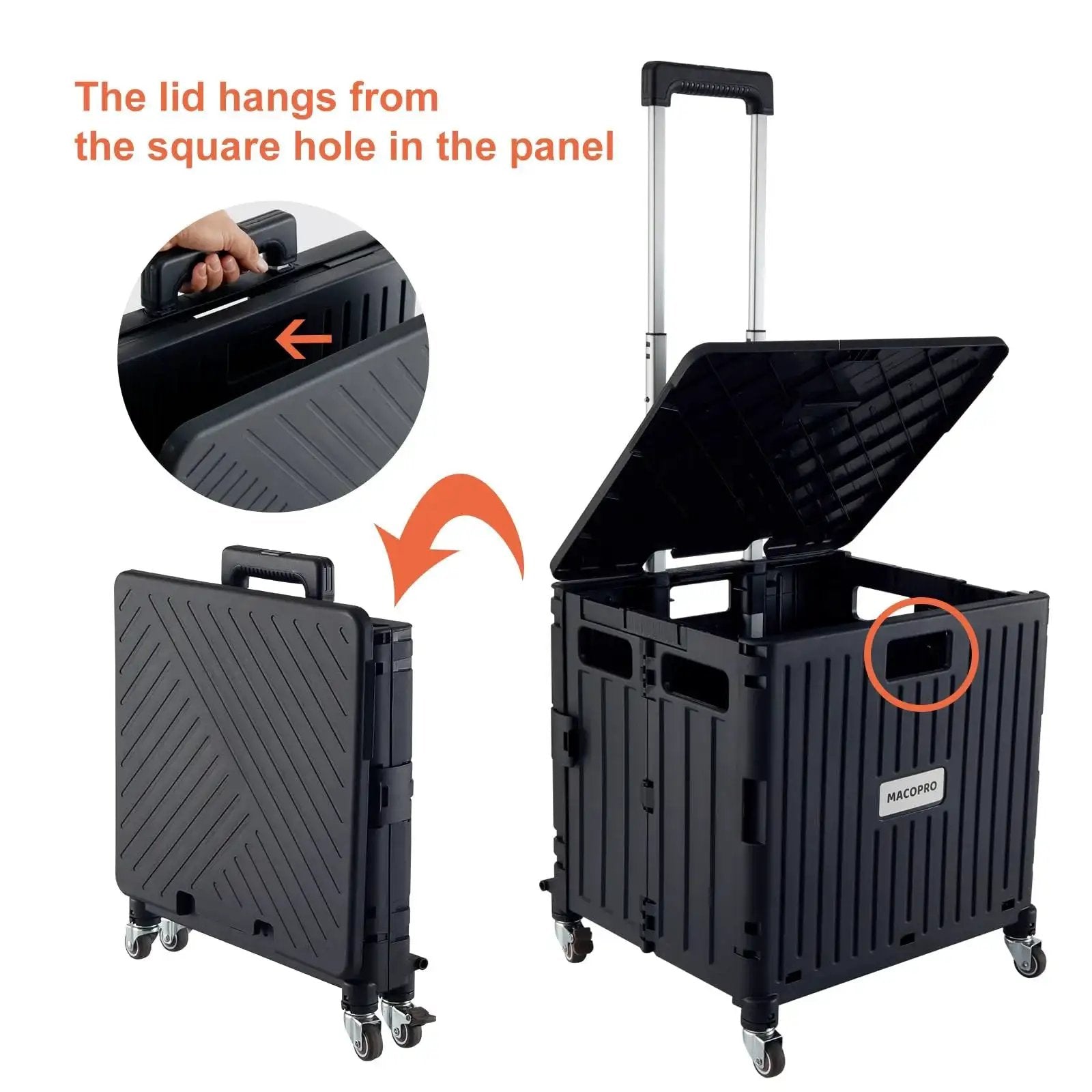 Folding Utility Cart With Lid And Basket On Four 360 Degree Rotating Wheels, showing open and closed positions, black color