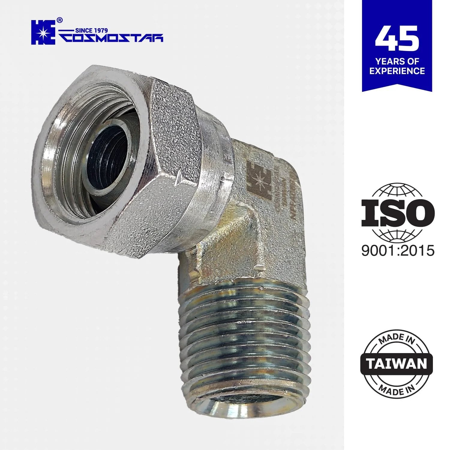 One Half Inch NPTF Male To One Half Inch NPSM Swivel Elbow 90 Degree Hydraulic Adapter For Hydraulic Hoses And Valves Carbon Steel With Zinc Plating Rust Resistant And Durable Cosmostar product showing side view with ISO certification and Made in Taiwan marking