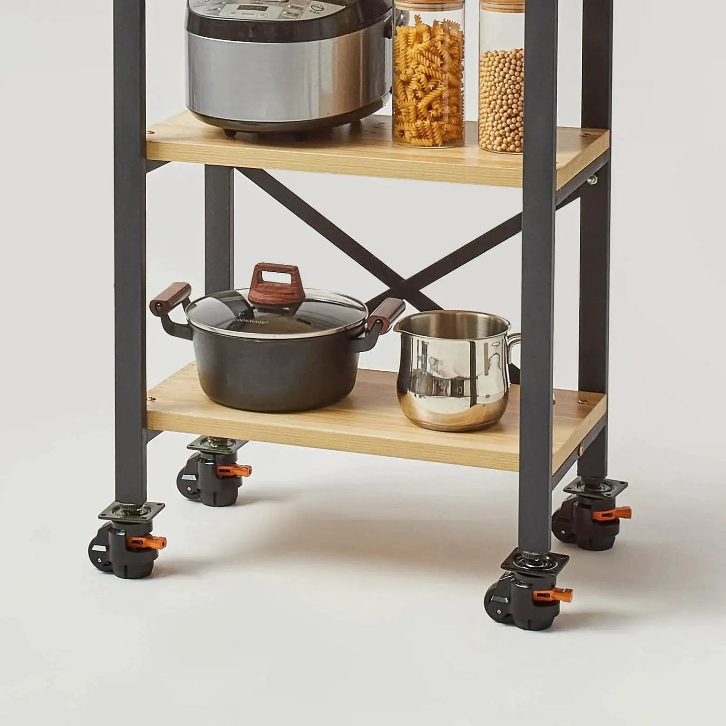 Leveling Casters Set Of 4 With Height Adjustable Handles, Heavy Duty 360 Degree Swivel Wheels, 2 Inch Diameter, 1100 Lb Total Load Capacity installed on kitchen shelf