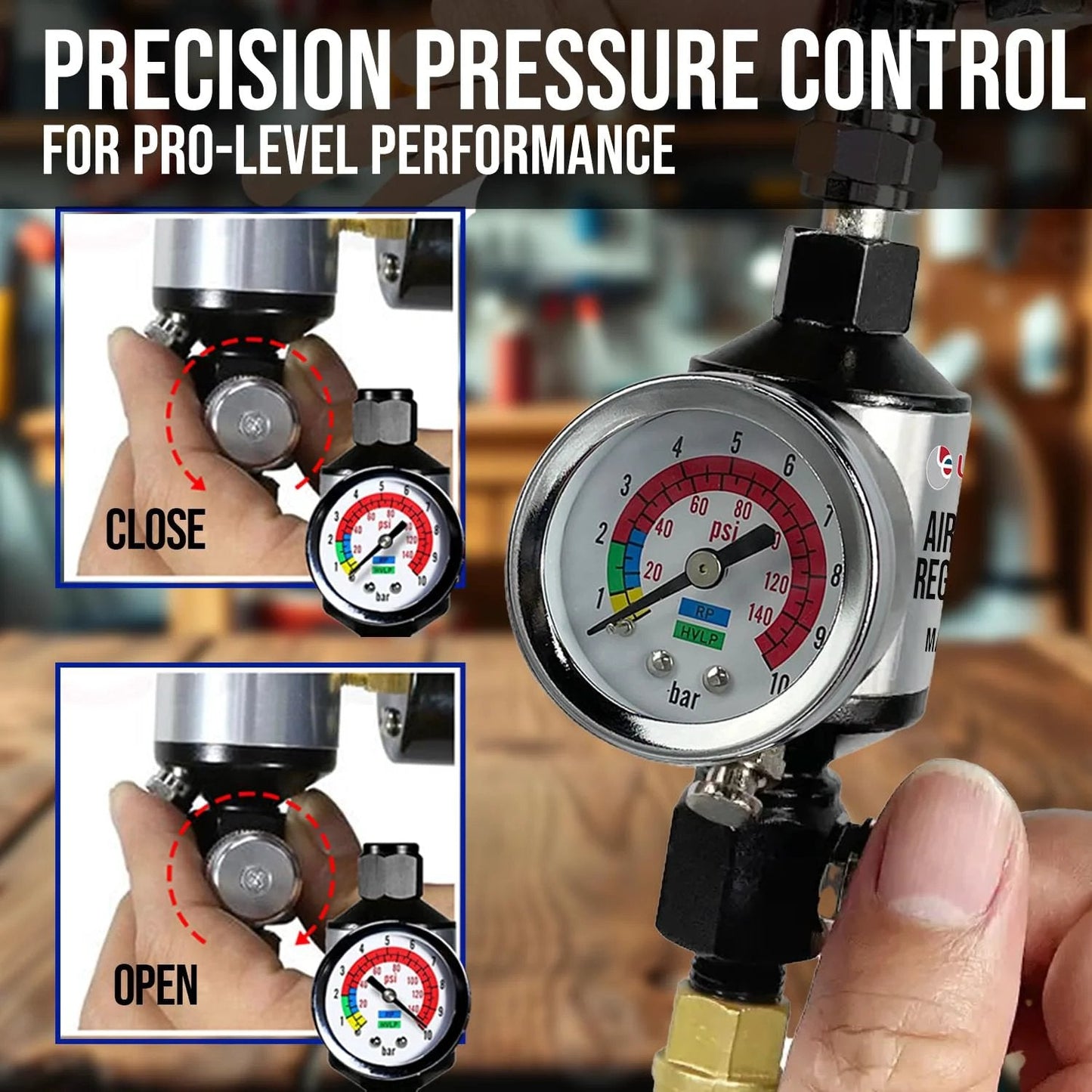 Close-up of Pro Grade Spray Gun Regulator With Gauge And Water Separator For Paint Guns And Pneumatic Tools 1/4 Inch NPT