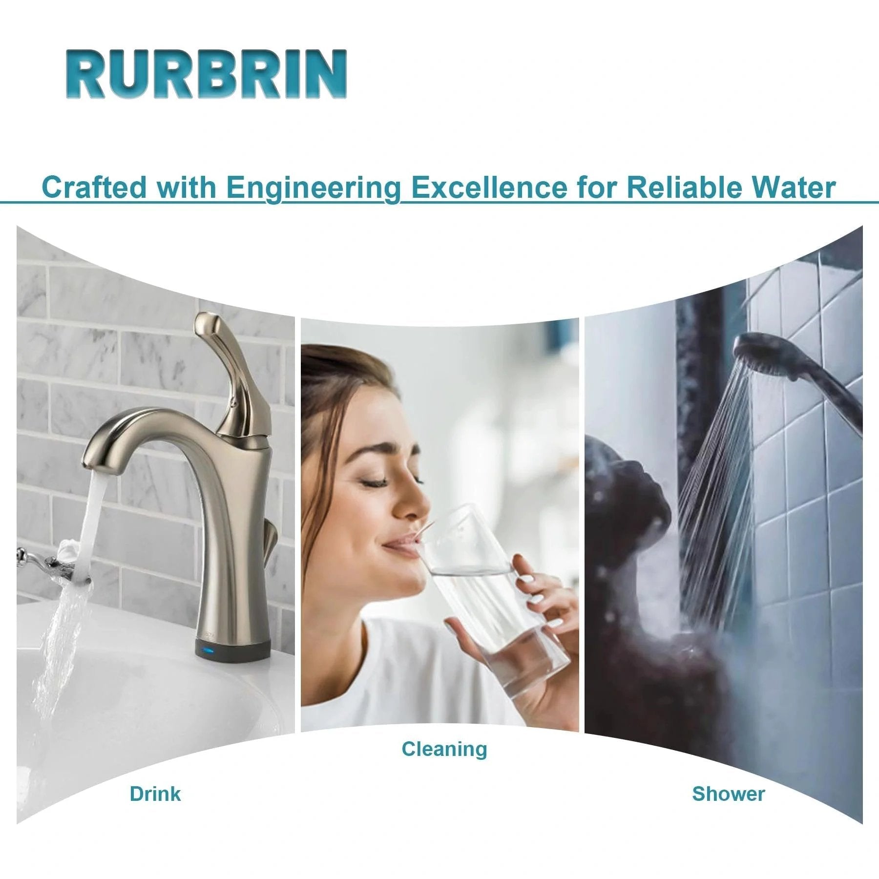 Collage showing water faucet, woman drinking water, and showerhead with flowing water emphasizing reliable water use.